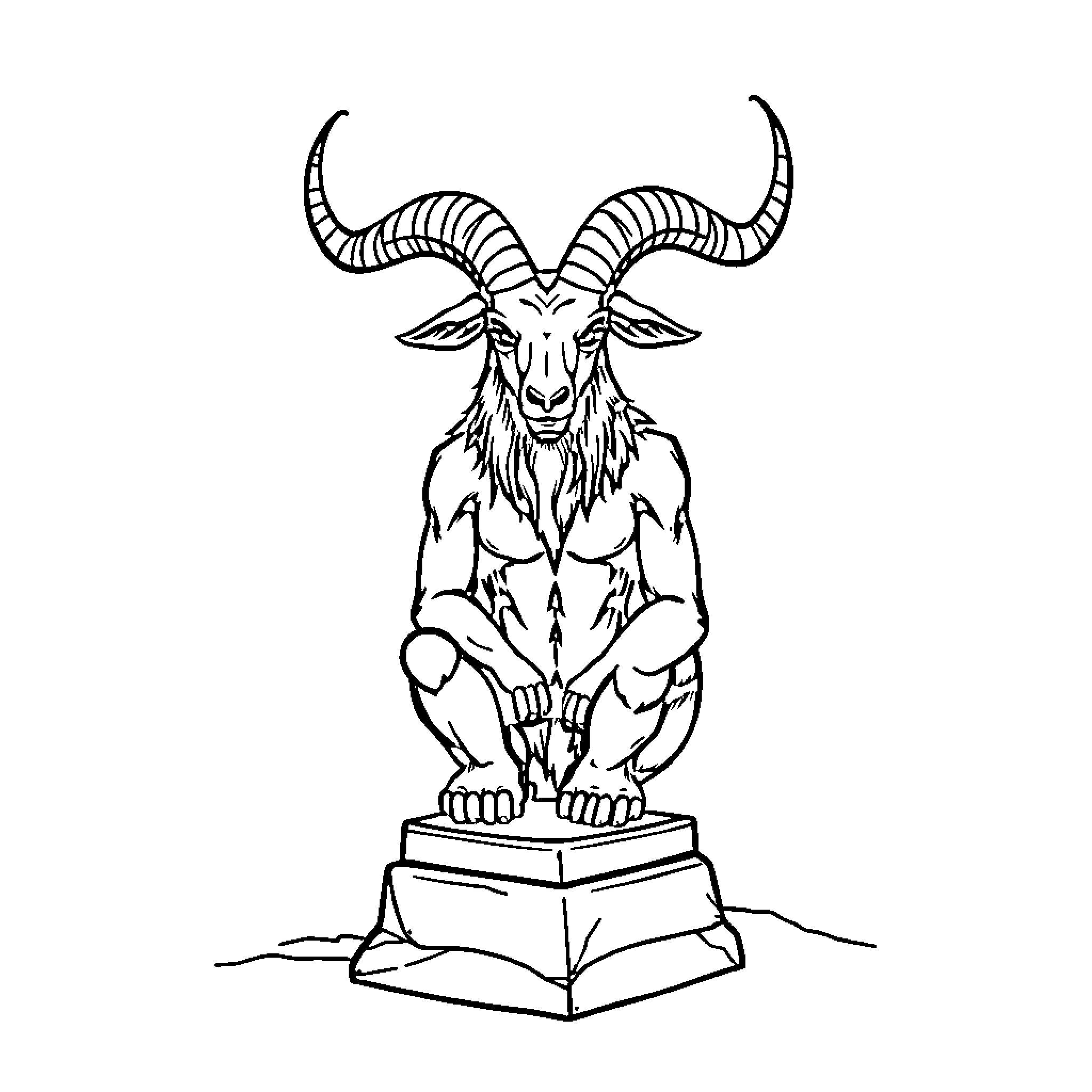Baphomet, a mythical creature with horns and goat-like features, seated upon an altar Coloring Page (free black-and-white line drawing printable PDF for all, from beginners to advanced learners, including children, teens, adults, and seniors)