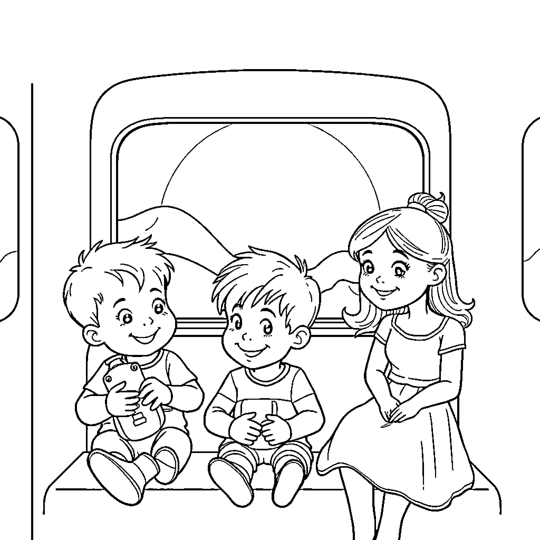 Train with children and adult enjoying the ride Coloring Page (free black-and-white line drawing printable PDF for all, from beginners to advanced learners, including children, teens, adults, and seniors)