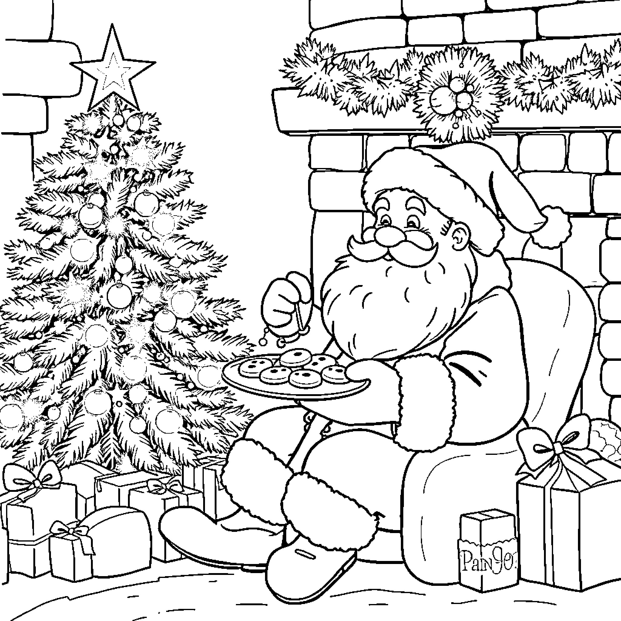 Santa decorating a Christmas tree with presents Coloring Page (free black-and-white line drawing printable PDF for all, from beginners to advanced learners, including children, teens, adults, and seniors)