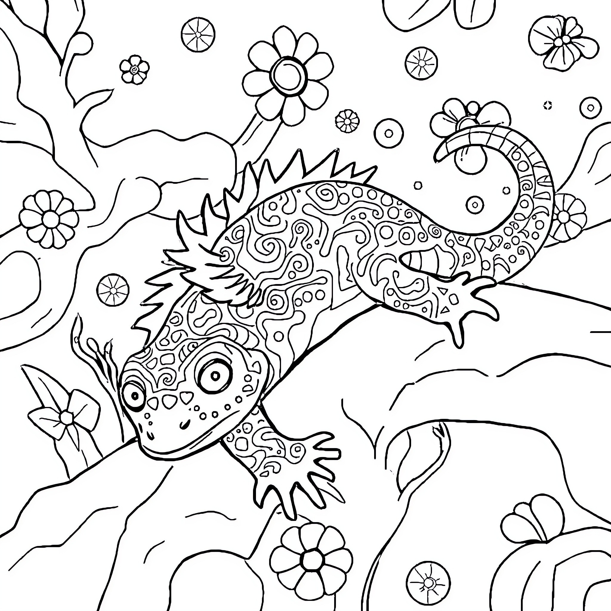 Axolotl Exploring Whimsical Underwater Floral Landscape Coloring Page (free black-and-white line drawing printable PDF for all, from beginners to advanced learners, including children, teens, adults, and seniors)