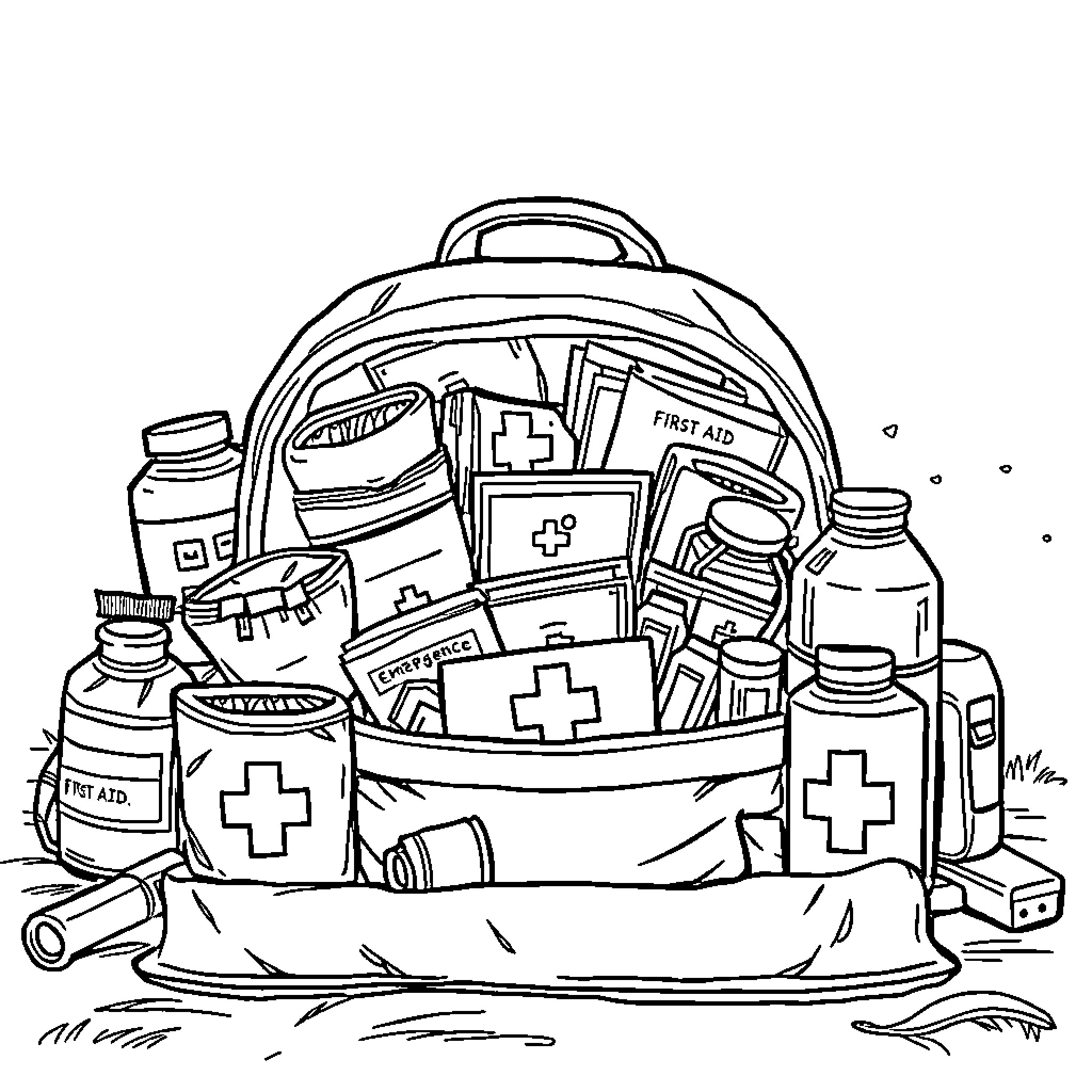 Emergency Kit with Essential Medical Supplies Coloring Page (free black-and-white line drawing printable PDF for all, from beginners to advanced learners, including children, teens, adults, and seniors)
