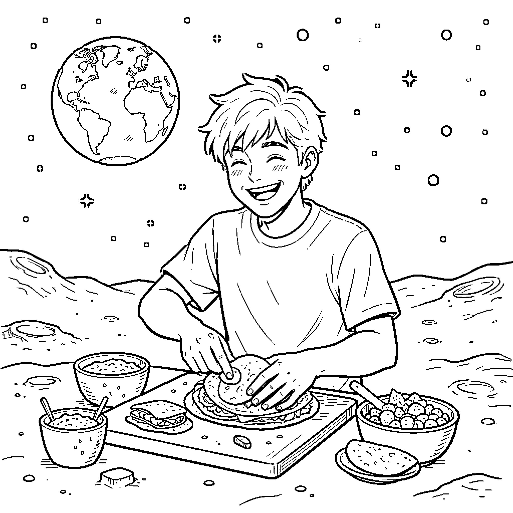 Conan Gray preparing a meal outdoors on a cosmic landscape Coloring Page (free black-and-white line drawing printable PDF for all, from beginners to advanced learners, including children, teens, adults, and seniors)