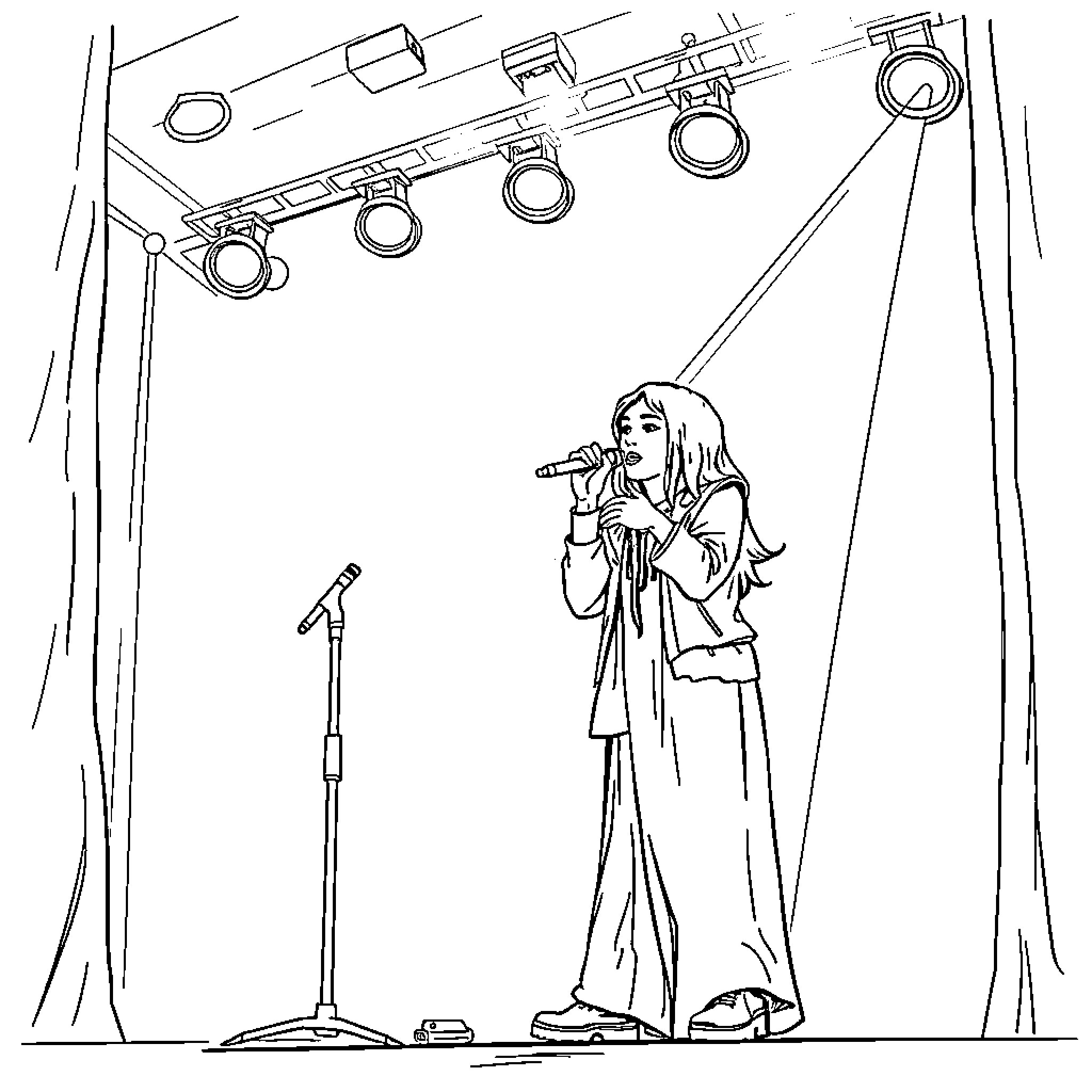 Billie Eilish performing on stage Coloring Page (free black-and-white line drawing printable PDF for all, from beginners to advanced learners, including children, teens, adults, and seniors)