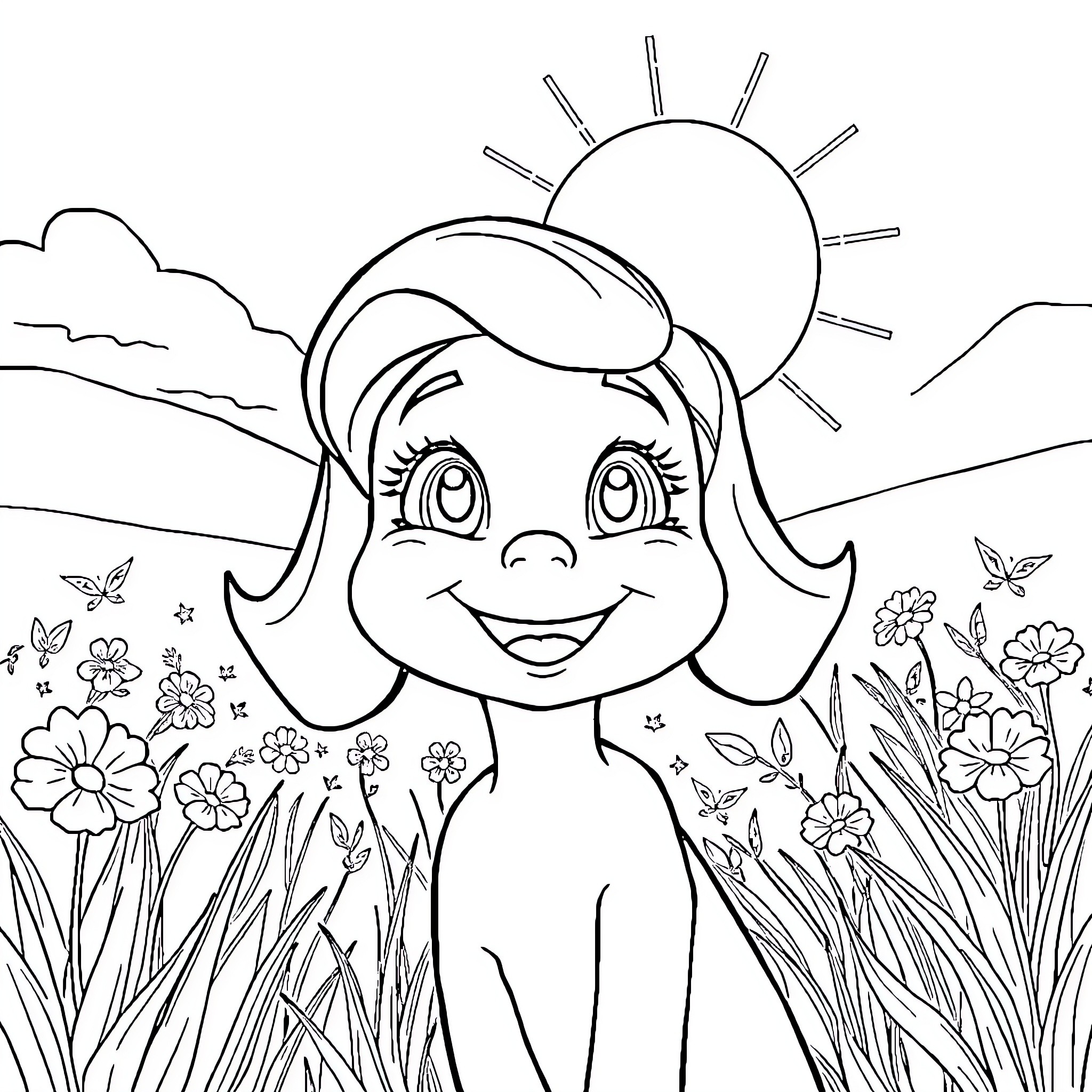 Gabby's Sunny Meadow Adventure Coloring Page (free black-and-white line drawing printable PDF for all, from beginners to advanced learners, including children, teens, adults, and seniors)