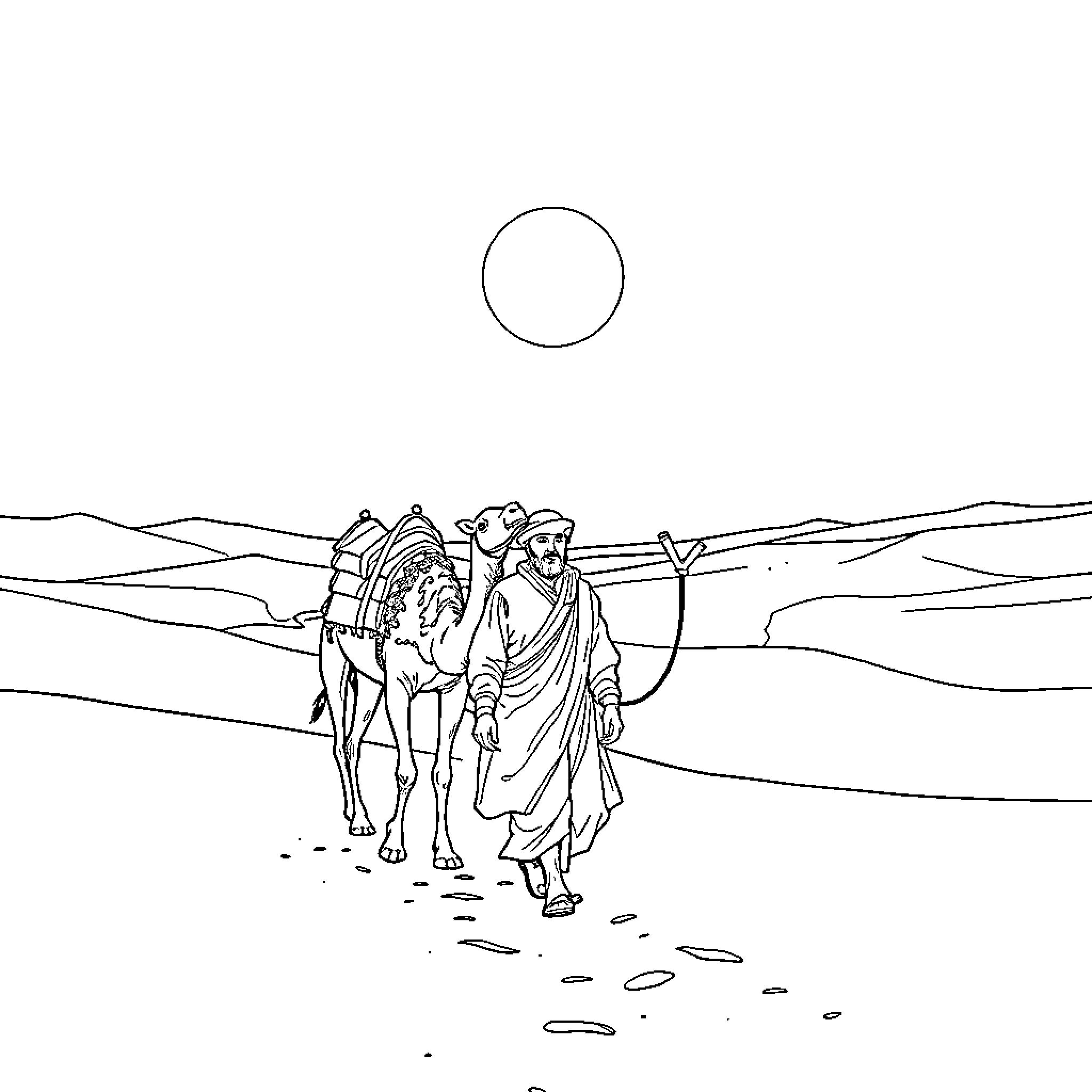 Man walking across desert landscape with camel Coloring Page (free black-and-white line drawing printable PDF for all, from beginners to advanced learners, including children, teens, adults, and seniors)