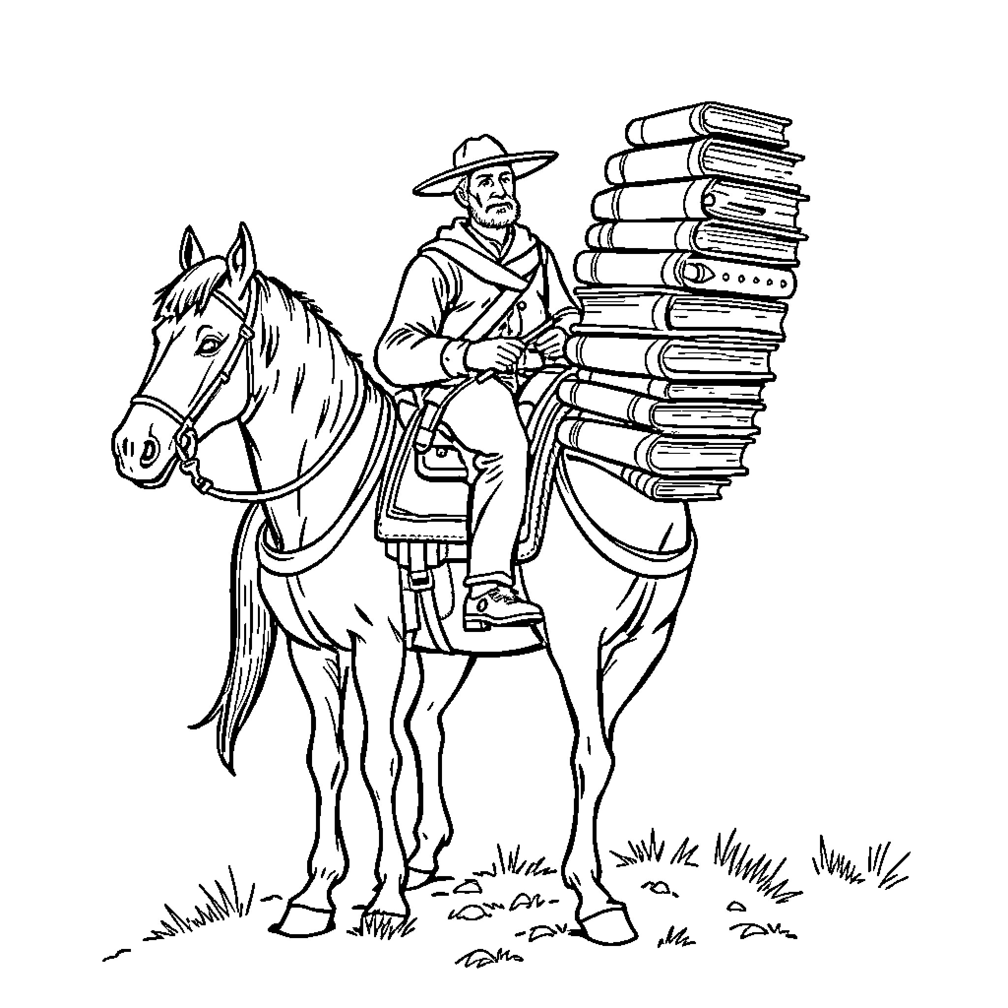 Packhorse carrying heavy load of books Coloring Page (free black-and-white line drawing printable PDF for all, from beginners to advanced learners, including children, teens, adults, and seniors)