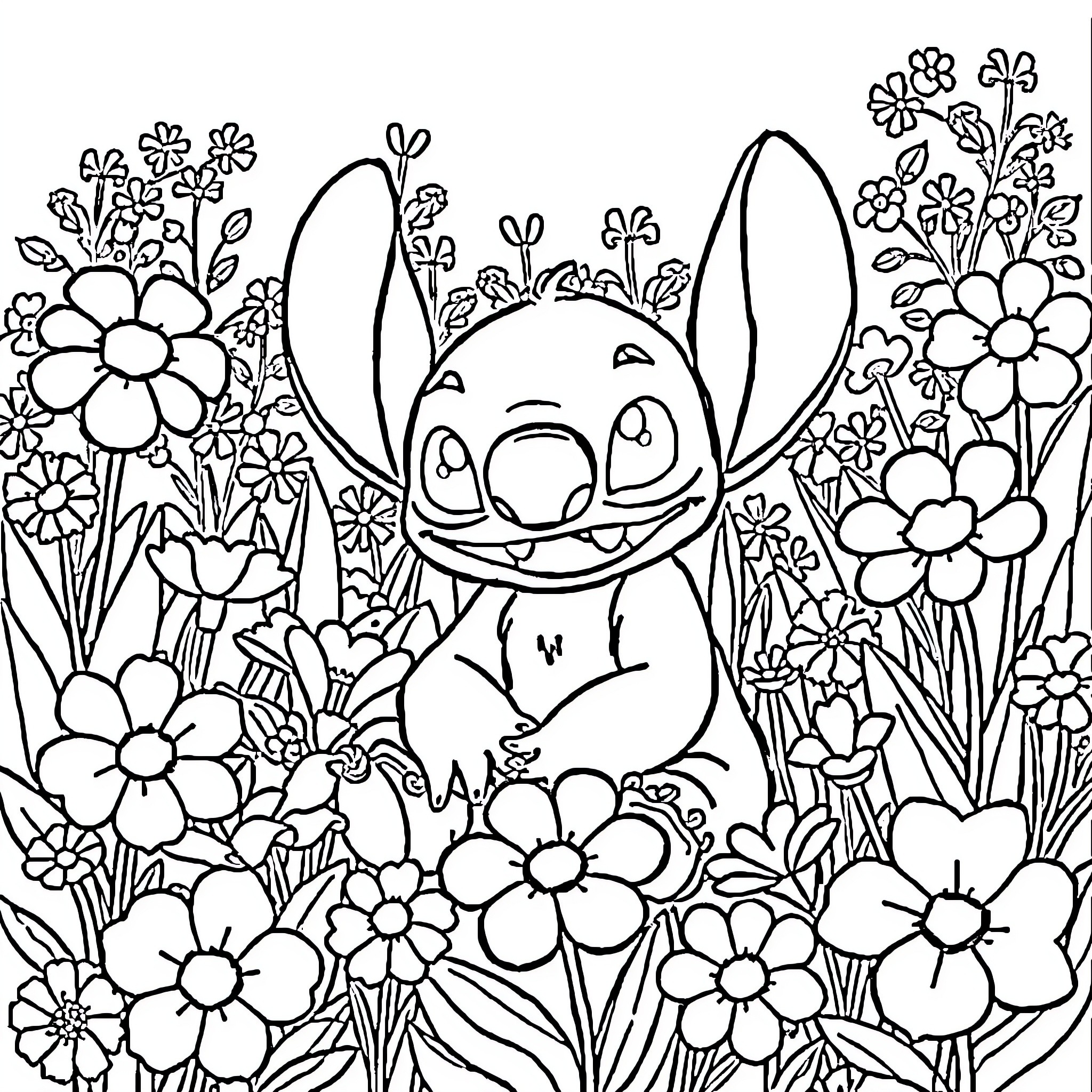Stitch Surrounded by Whimsical Flowers Coloring Page (free black-and-white line drawing printable PDF for all, from beginners to advanced learners, including children, teens, adults, and seniors)