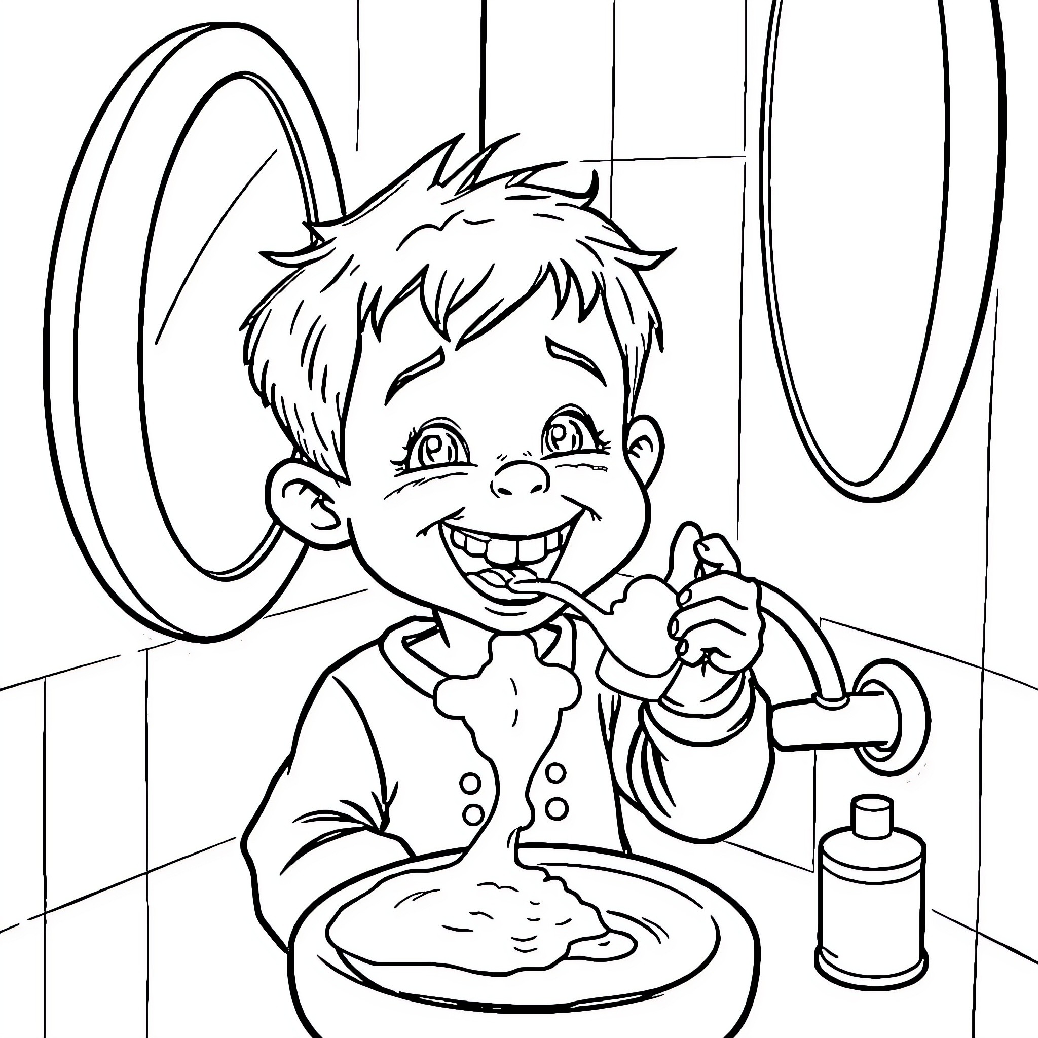 Niño enjoying a playful time in the bathroom Coloring Page (free black-and-white line drawing printable PDF for all, from beginners to advanced learners, including children, teens, adults, and seniors)