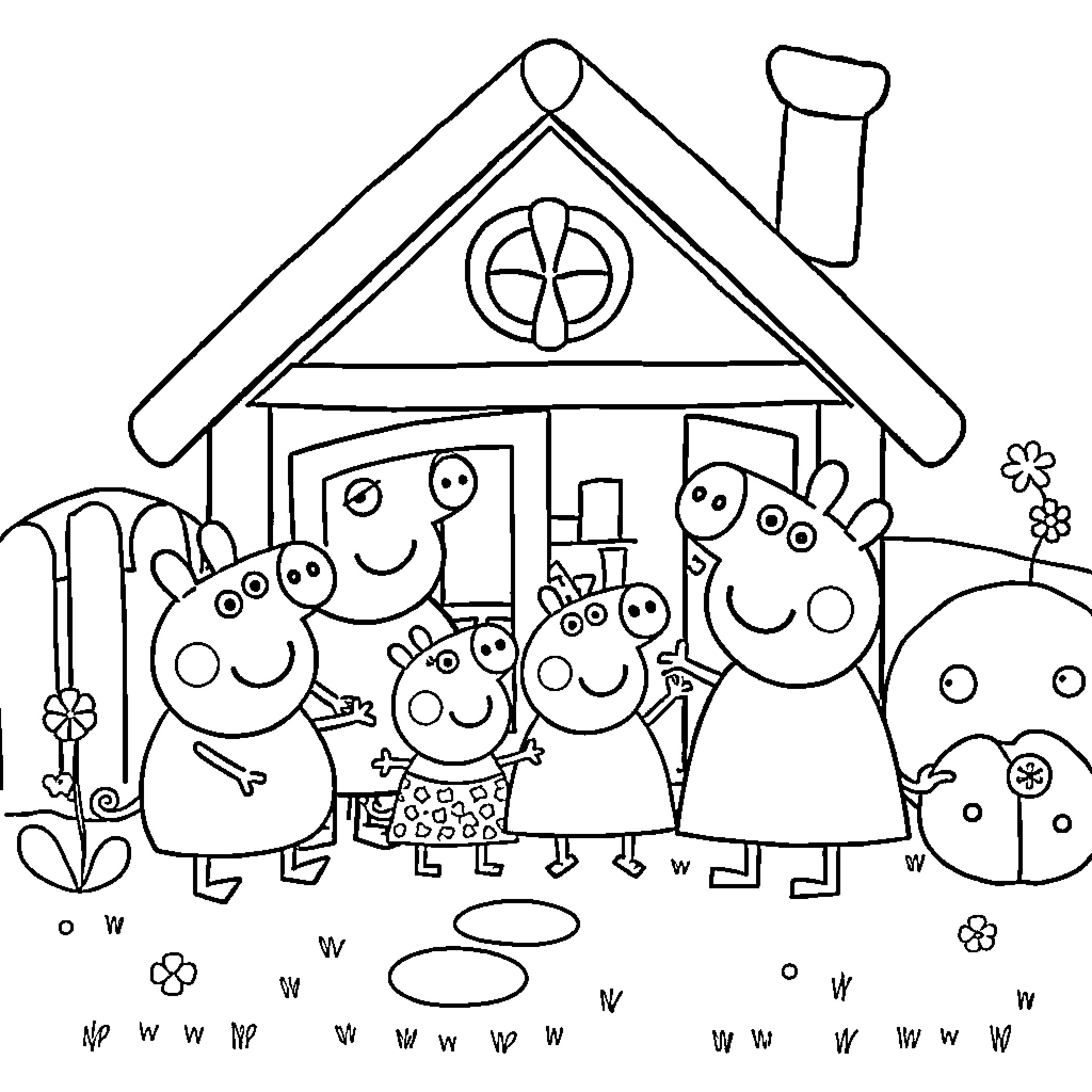 Peppa Pig's family in front of their house Coloring Page (free black-and-white line drawing printable PDF for all, from beginners to advanced learners, including children, teens, adults, and seniors)
