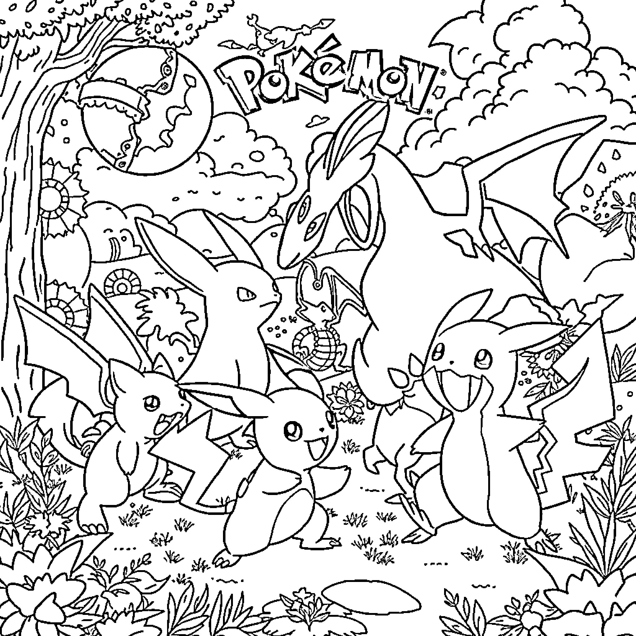 Pokémon exploring the magical forest landscape Coloring Page (free black-and-white line drawing printable PDF for all, from beginners to advanced learners, including children, teens, adults, and seniors)