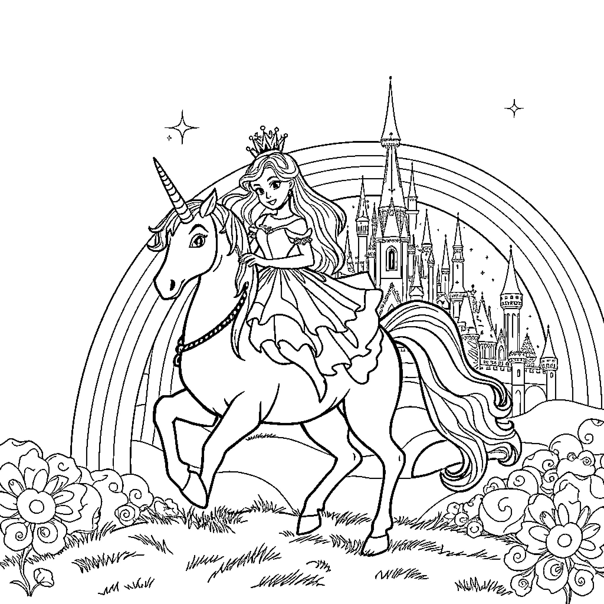 Princess Riding Magical Unicorn in Enchanted Kingdom Coloring Page (free black-and-white line drawing printable PDF for all, from beginners to advanced learners, including children, teens, adults, and seniors)