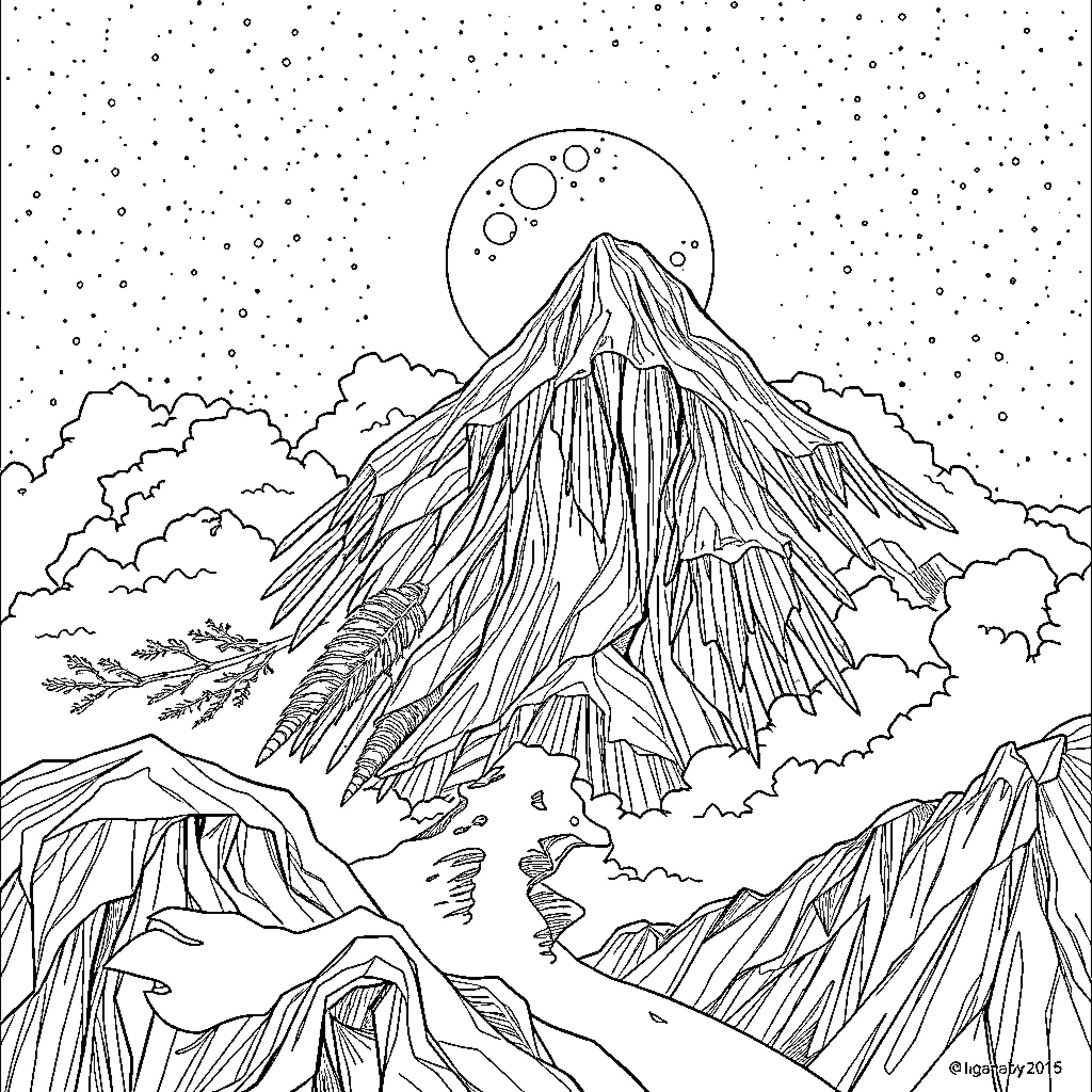 Dragon mountain in the starry night sky Coloring Page (free black-and-white line drawing printable PDF for all, from beginners to advanced learners, including children, teens, adults, and seniors)