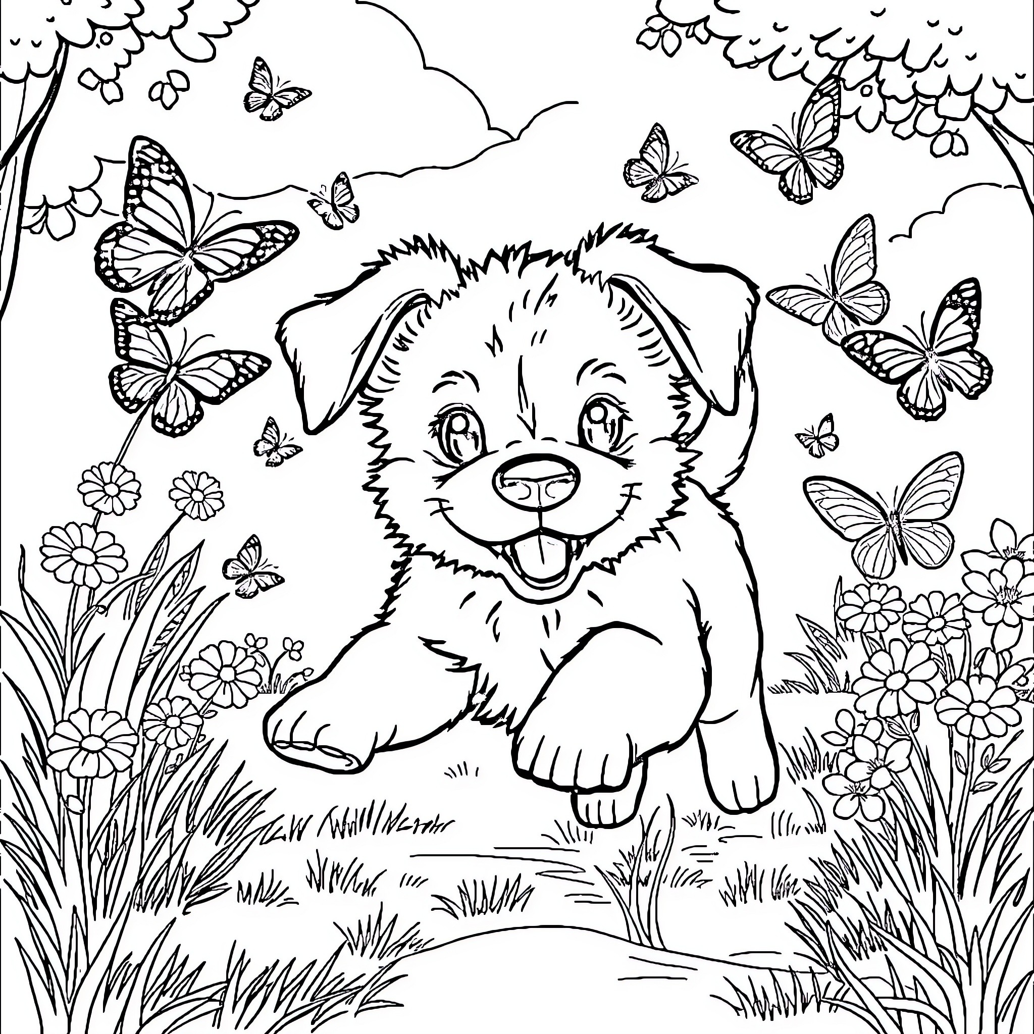 Puppy playing in a flowery meadow with butterflies Coloring Page (free black-and-white line drawing printable PDF for all, from beginners to advanced learners, including children, teens, adults, and seniors)
