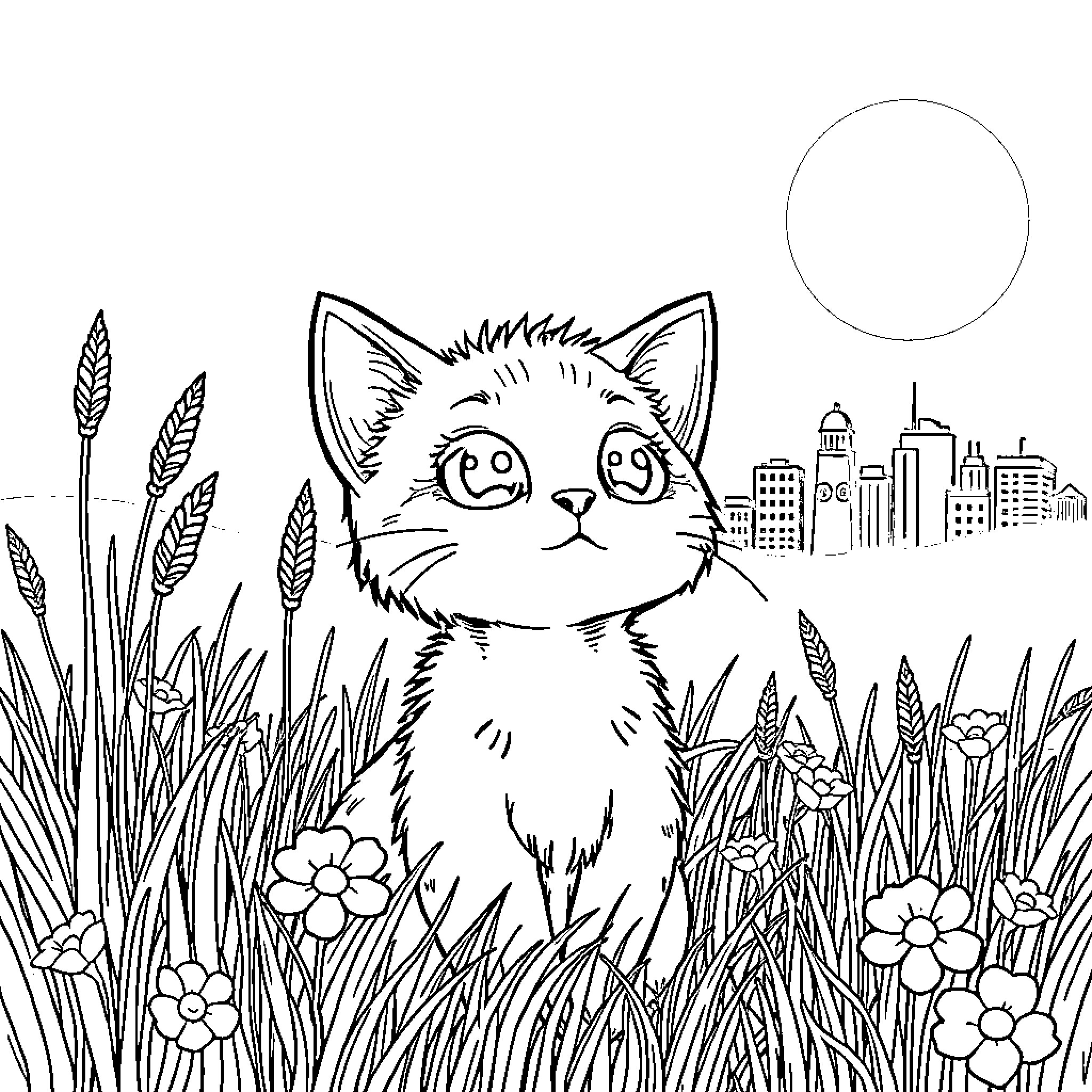 Cat exploring nature in the city Coloring Page (free black-and-white line drawing printable PDF for all, from beginners to advanced learners, including children, teens, adults, and seniors)
