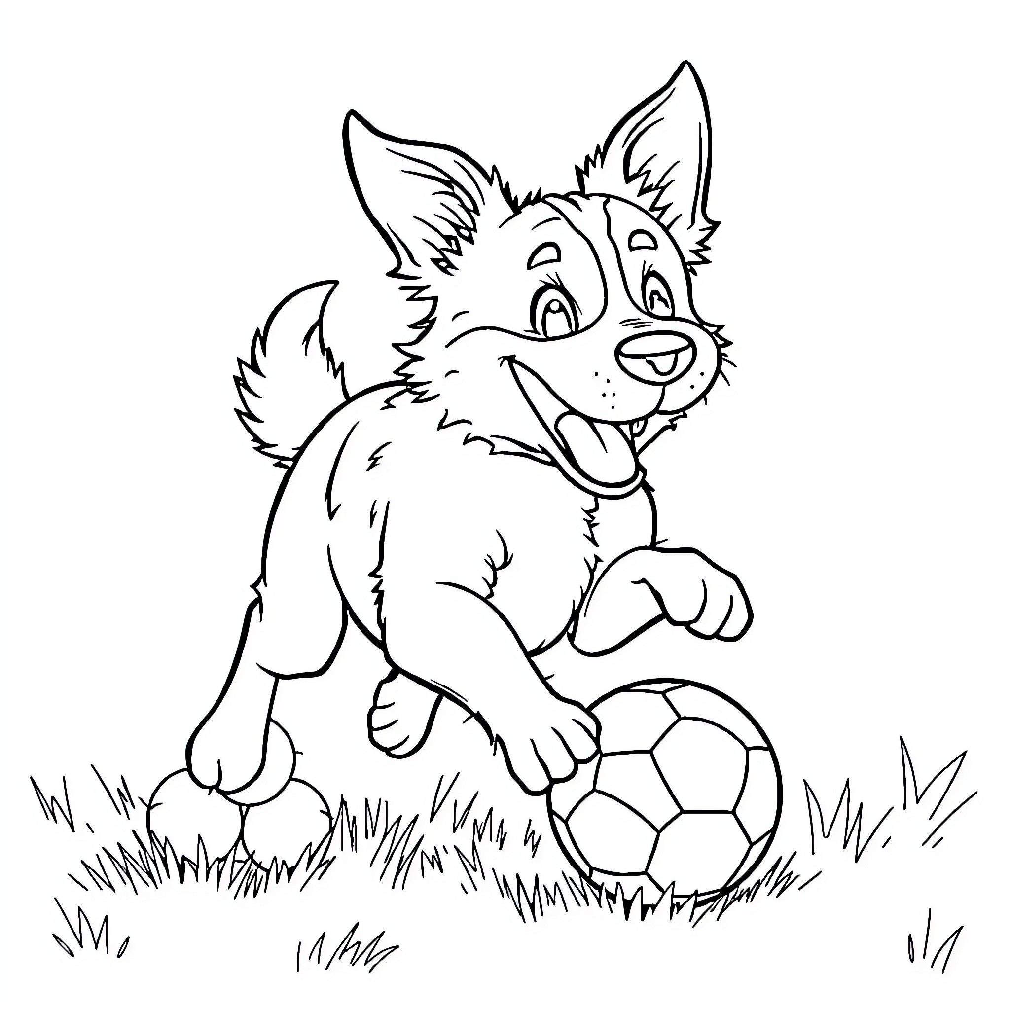 Dog playing happily with soccer ball in the park Coloring Page (free black-and-white line drawing printable PDF for all, from beginners to advanced learners, including children, teens, adults, and seniors)