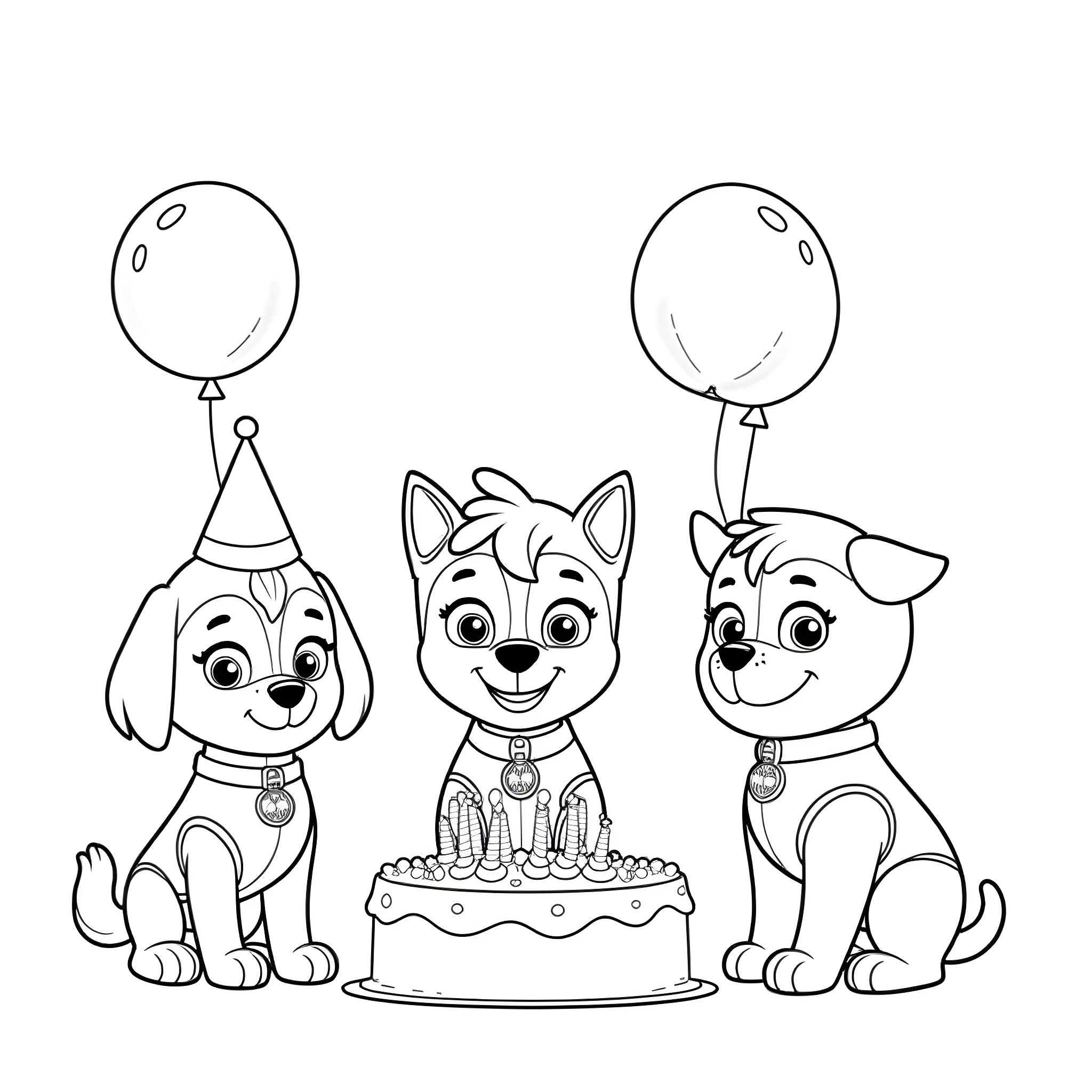 Paw Patrol Puppies Celebrate with Birthday Cake Coloring Page (free black-and-white line drawing printable PDF for all, from beginners to advanced learners, including children, teens, adults, and seniors)
