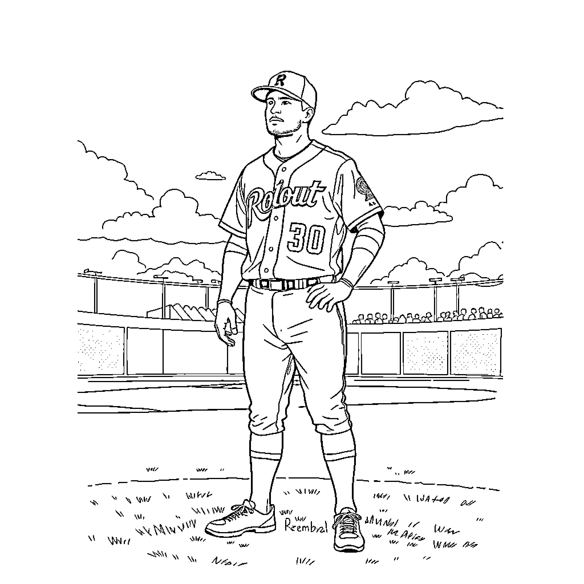 Mike Trout standing in baseball stadium Coloring Page (free black-and-white line drawing printable PDF for all, from beginners to advanced learners, including children, teens, adults, and seniors)