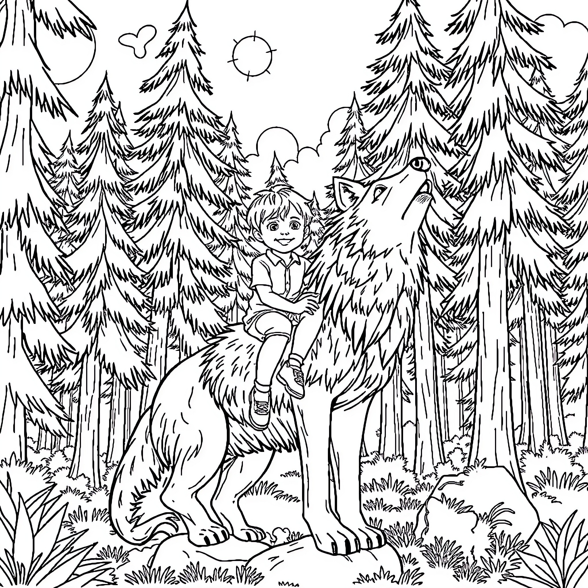 Wolf and a child exploring the forest Coloring Page (free black-and-white line drawing printable PDF for all, from beginners to advanced learners, including children, teens, adults, and seniors)