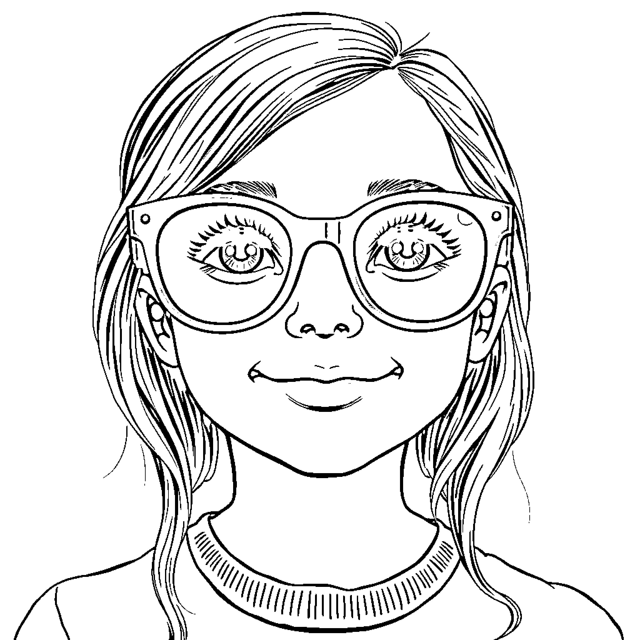 Girl with Glasses Smiling Joyfully Coloring Page (free black-and-white line drawing printable PDF for all, from beginners to advanced learners, including children, teens, adults, and seniors)