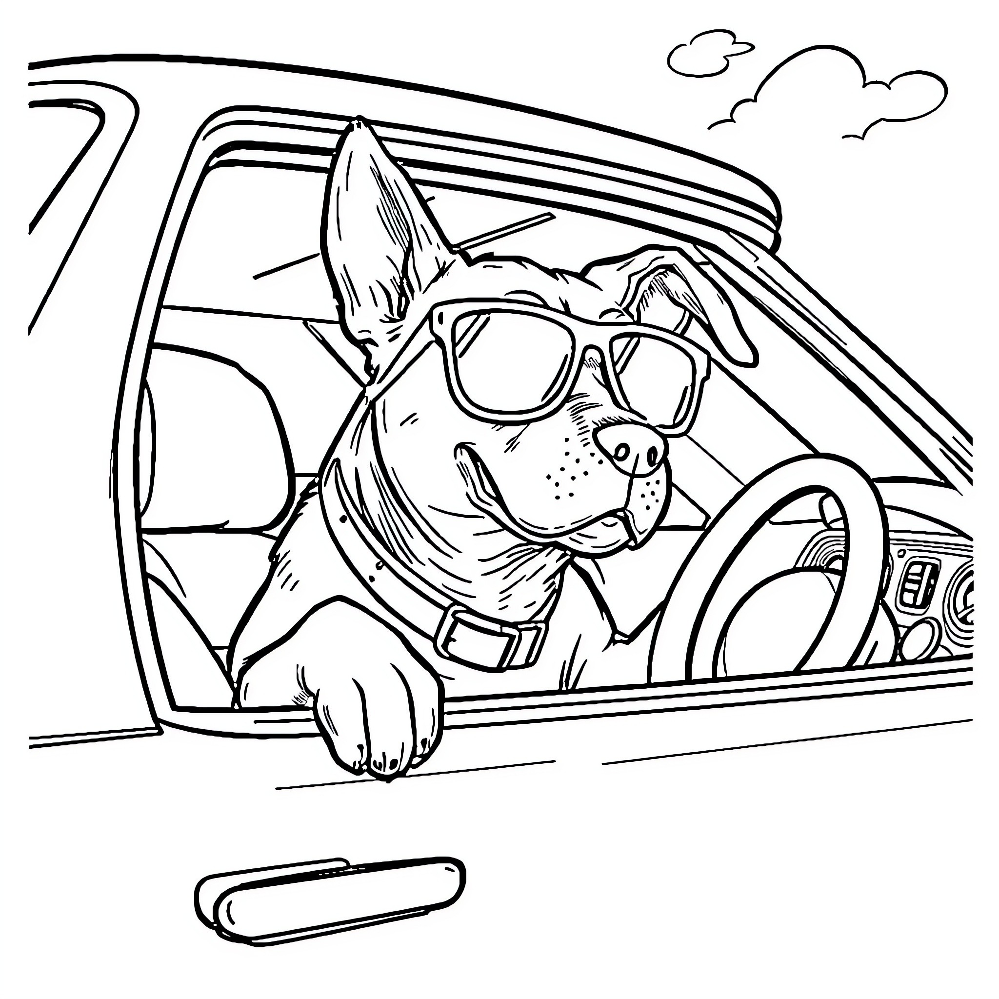 Dog driving a car on the road Coloring Page (free black-and-white line drawing printable PDF for all, from beginners to advanced learners, including children, teens, adults, and seniors)