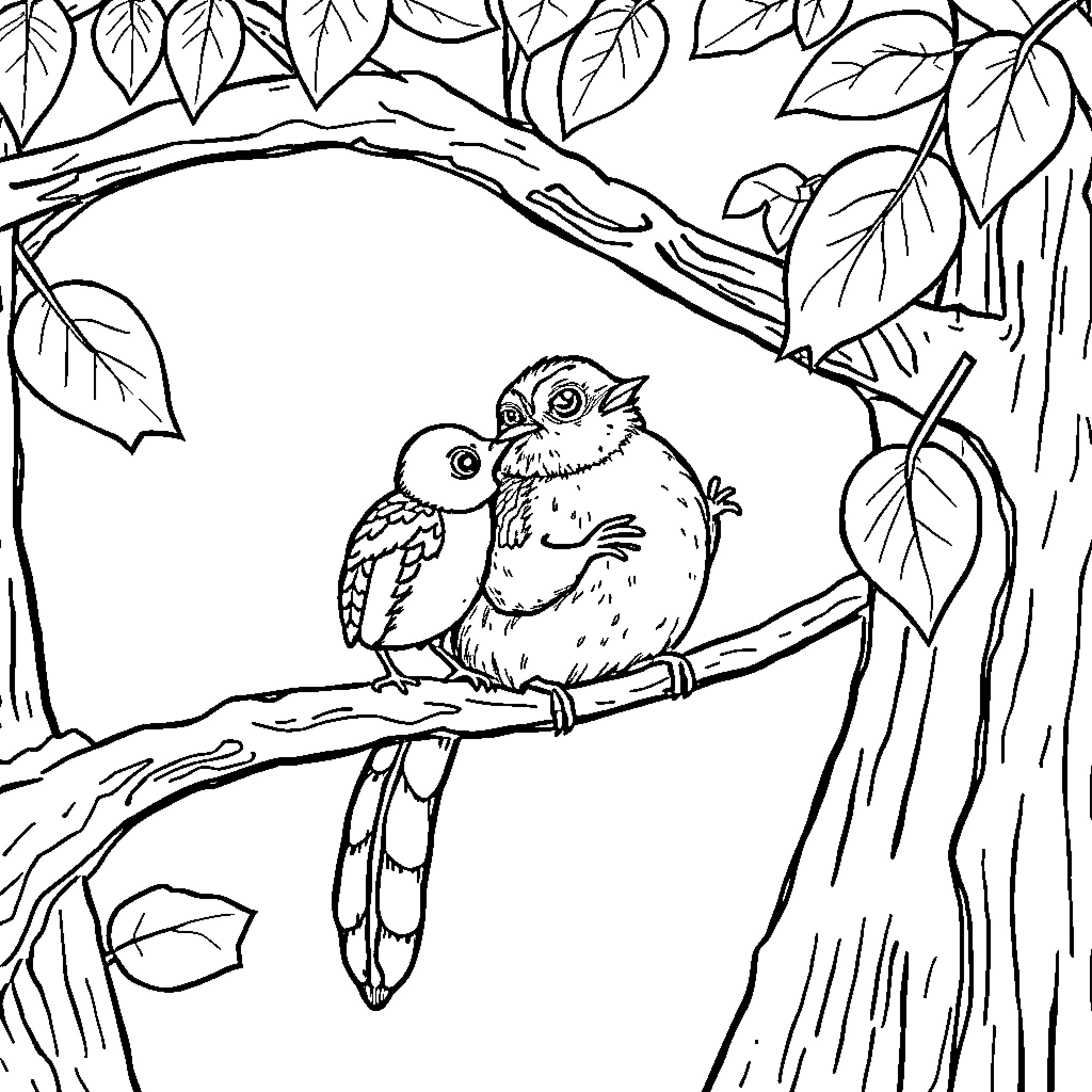 Squirrel couple nesting in the forest Coloring Page (free black-and-white line drawing printable PDF for all, from beginners to advanced learners, including children, teens, adults, and seniors)