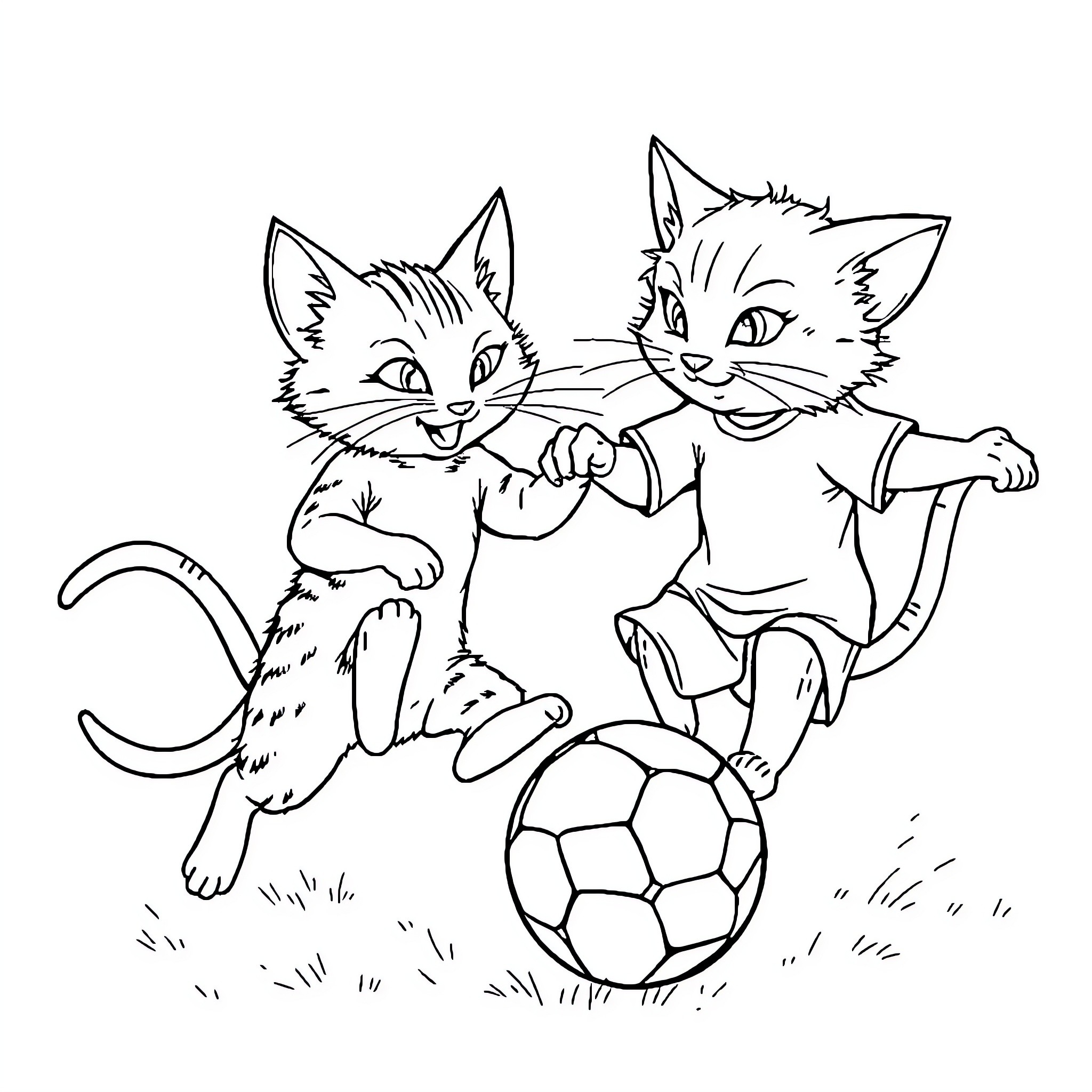 Cat and Mouse Playfully Chasing a Soccer Ball Coloring Page (free black-and-white line drawing printable PDF for all, from beginners to advanced learners, including children, teens, adults, and seniors)