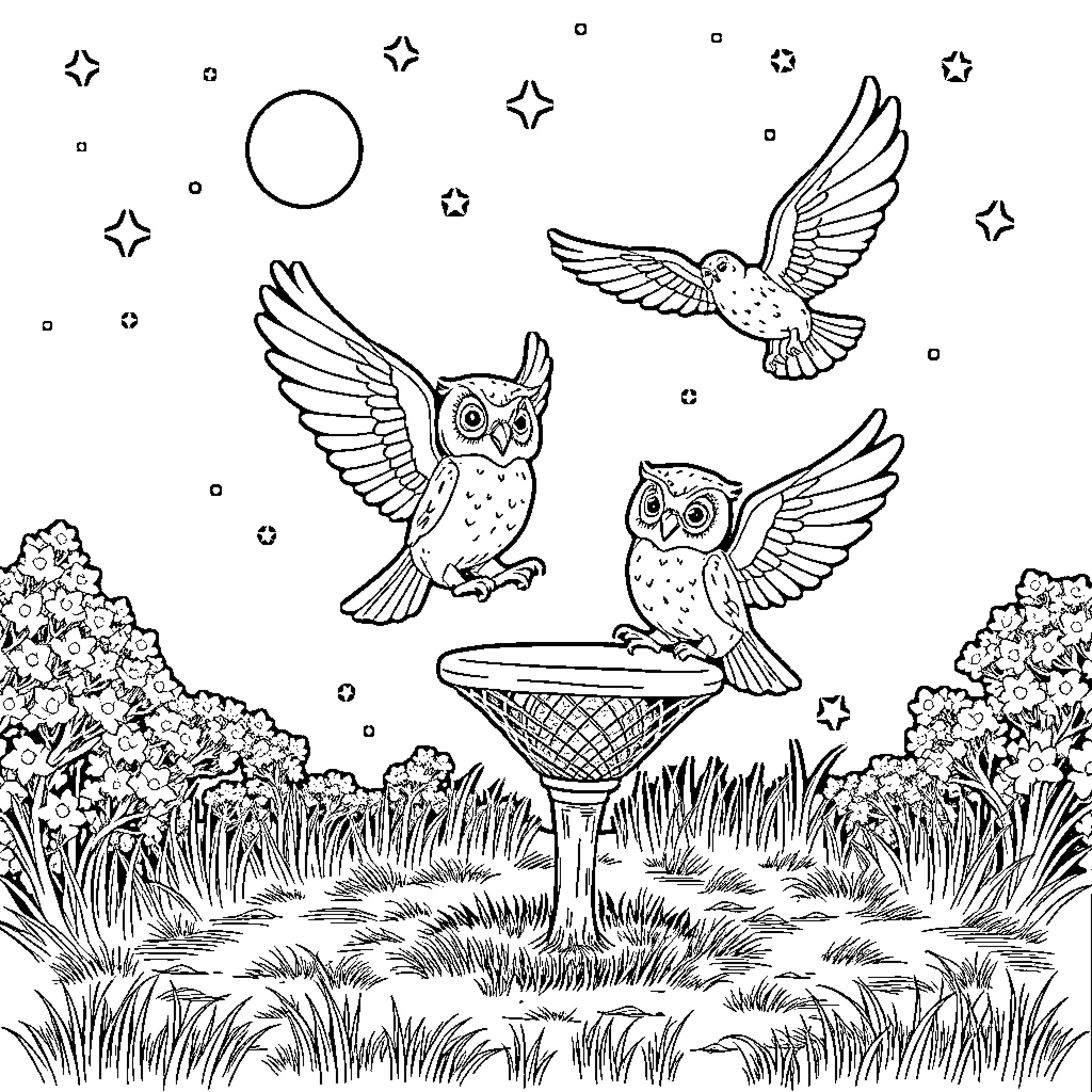 Owl flying freely in starry night landscape Coloring Page (free black-and-white line drawing printable PDF for all, from beginners to advanced learners, including children, teens, adults, and seniors)
