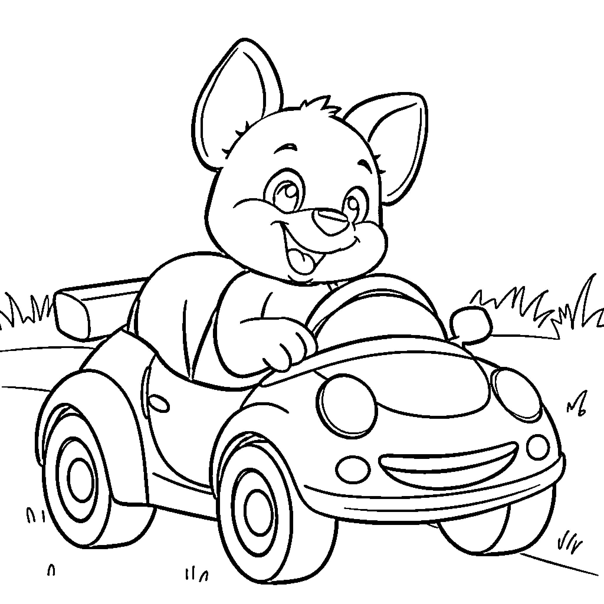 Bluey driving a happy car through the park Coloring Page (free black-and-white line drawing printable PDF for all, from beginners to advanced learners, including children, teens, adults, and seniors)