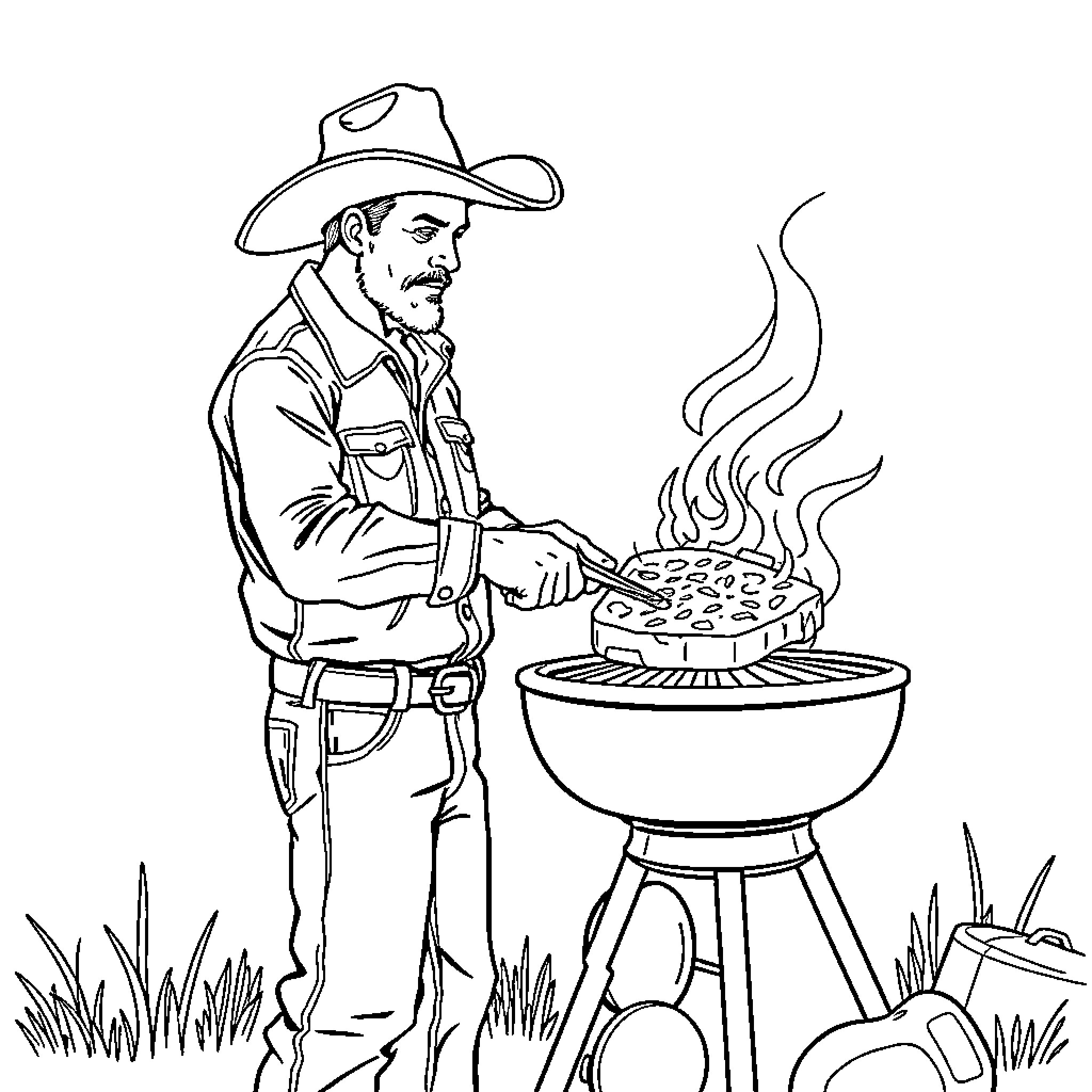 Man grilling food over barbecue in outdoor scene Coloring Page (free black-and-white line drawing printable PDF for all, from beginners to advanced learners, including children, teens, adults, and seniors)