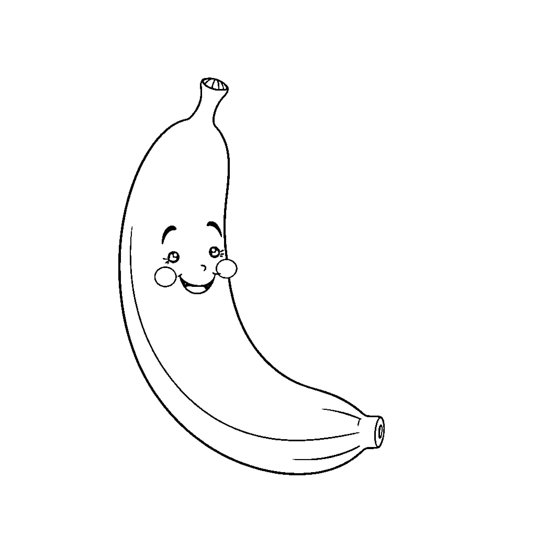 Banana with a cheerful expression Coloring Page (free black-and-white line drawing printable PDF for all, from beginners to advanced learners, including children, teens, adults, and seniors)