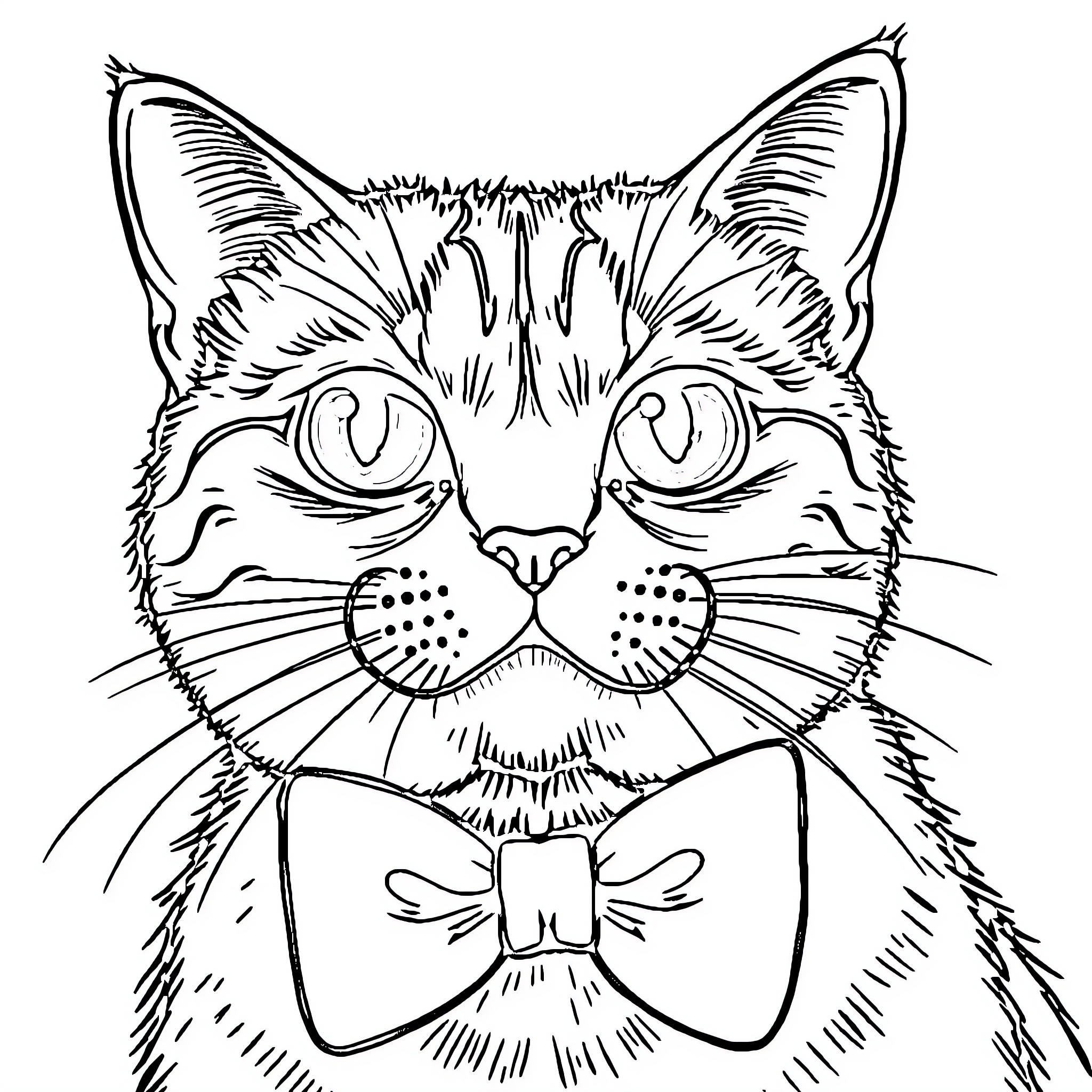 Cat with Bowtie and Expressive Eyes Coloring Page (free black-and-white line drawing printable PDF for all, from beginners to advanced learners, including children, teens, adults, and seniors)