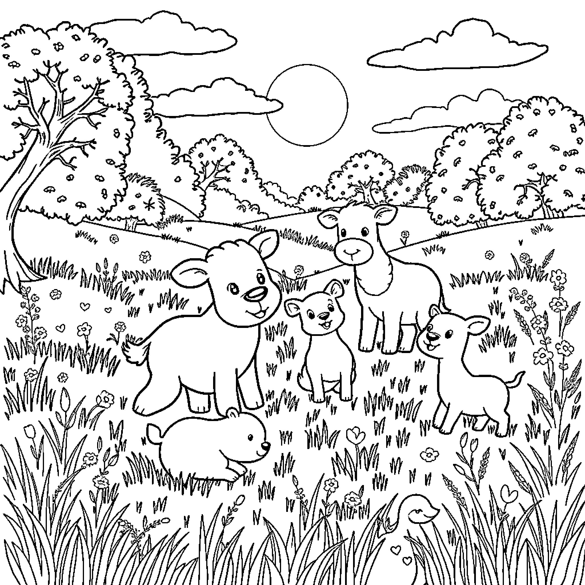Animal family exploring peaceful meadow Coloring Page (free black-and-white line drawing printable PDF for all, from beginners to advanced learners, including children, teens, adults, and seniors)