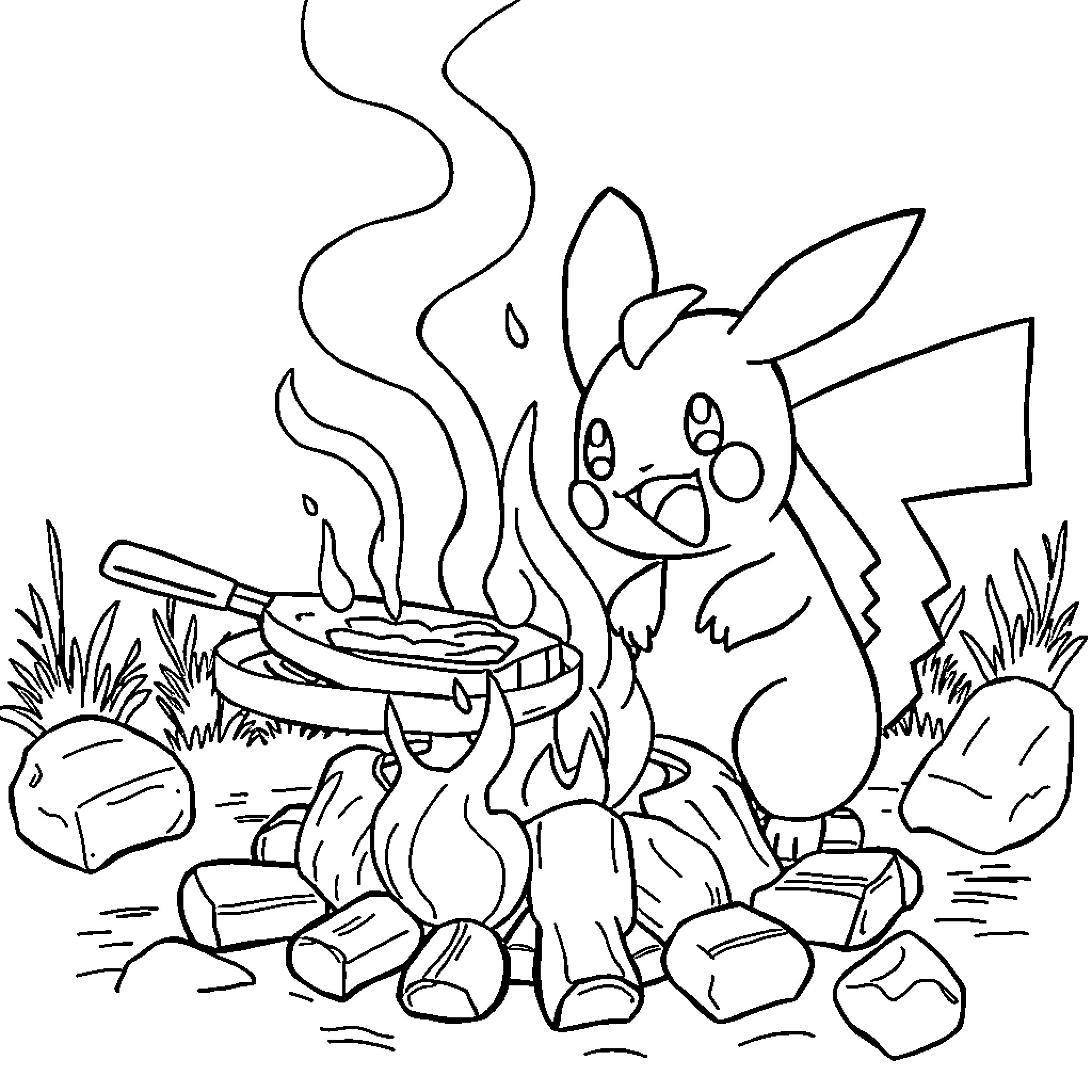 Pokémon Enjoying a Campfire Gathering Coloring Page (free black-and-white line drawing printable PDF for all, from beginners to advanced learners, including children, teens, adults, and seniors)