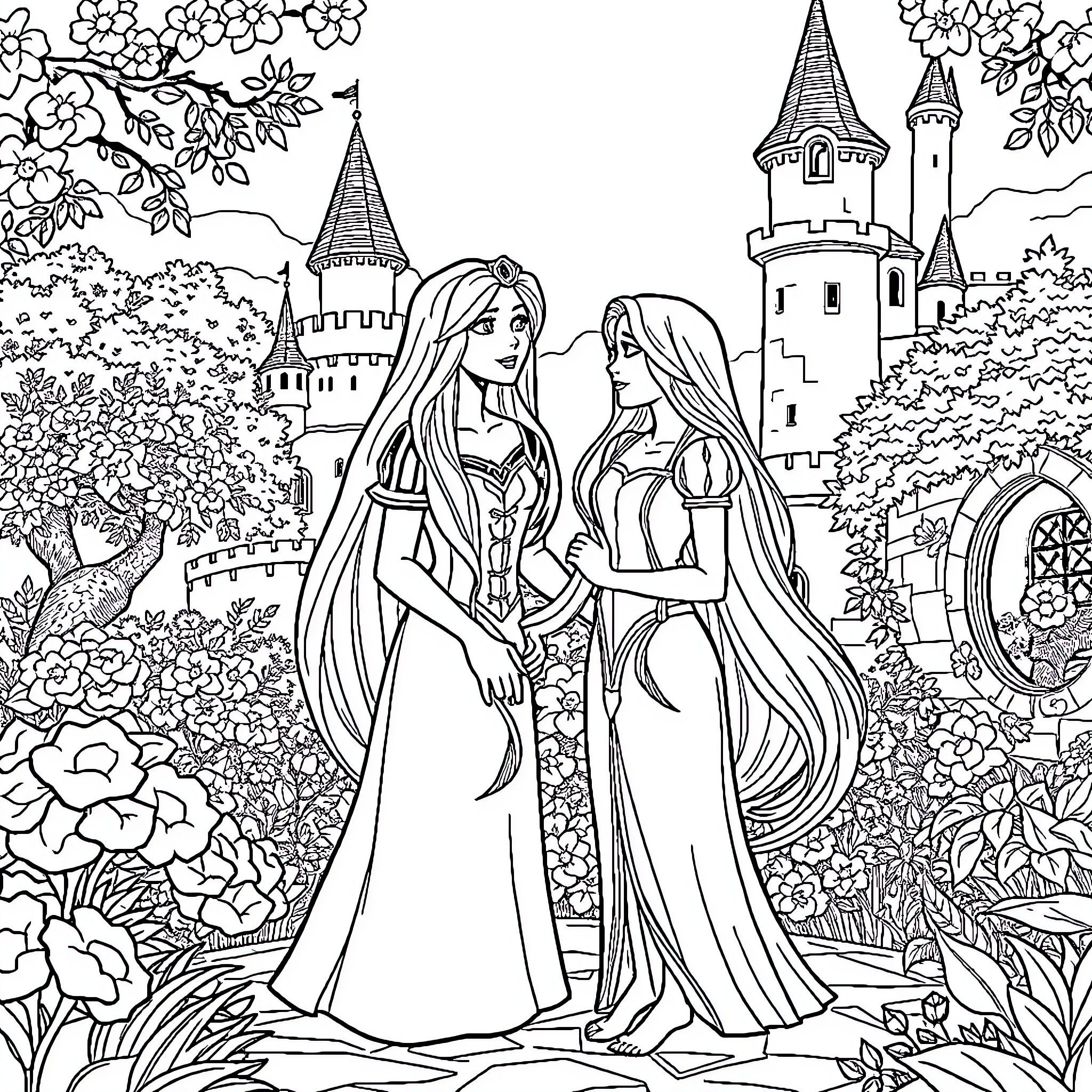 Rapunzel and her friend exploring the castle gardens Coloring Page (free black-and-white line drawing printable PDF for all, from beginners to advanced learners, including children, teens, adults, and seniors)
