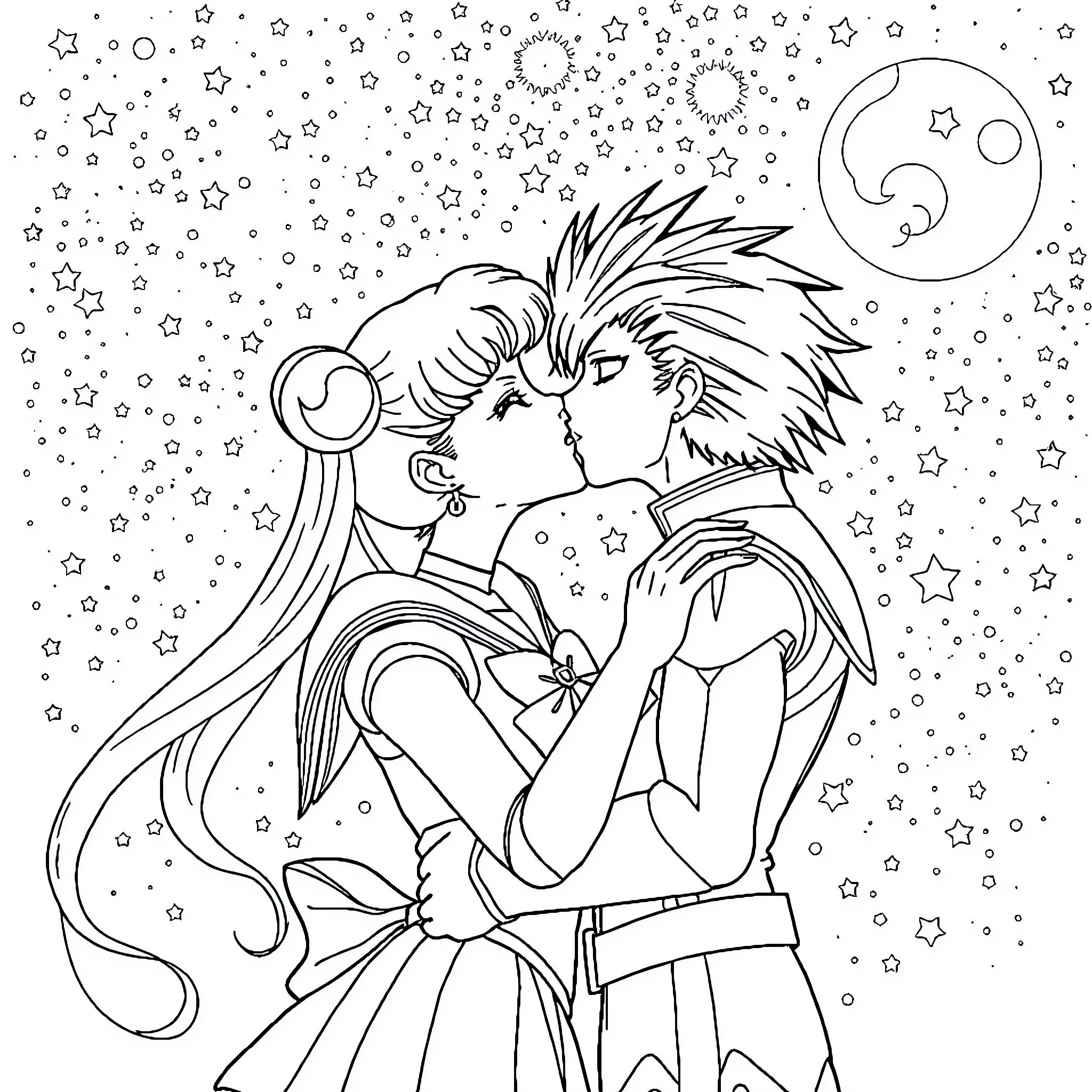 Sailor Moon Characters in Romantic Embrace Under Starry Night Coloring Page (free black-and-white line drawing printable PDF for all, from beginners to advanced learners, including children, teens, adults, and seniors)