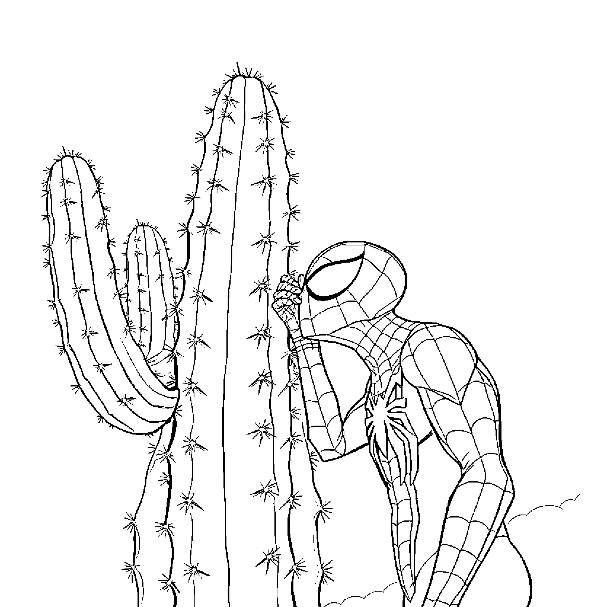 Spiderman climbing cactus in desert scene Coloring Page (free black-and-white line drawing printable PDF for all, from beginners to advanced learners, including children, teens, adults, and seniors)