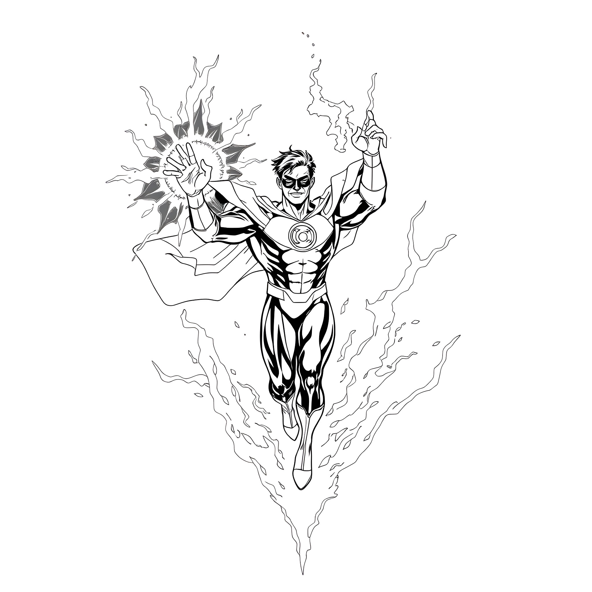Human Lantern wielding powerful energy in action Coloring Page (free black-and-white line drawing printable PDF for all, from beginners to advanced learners, including children, teens, adults, and seniors)