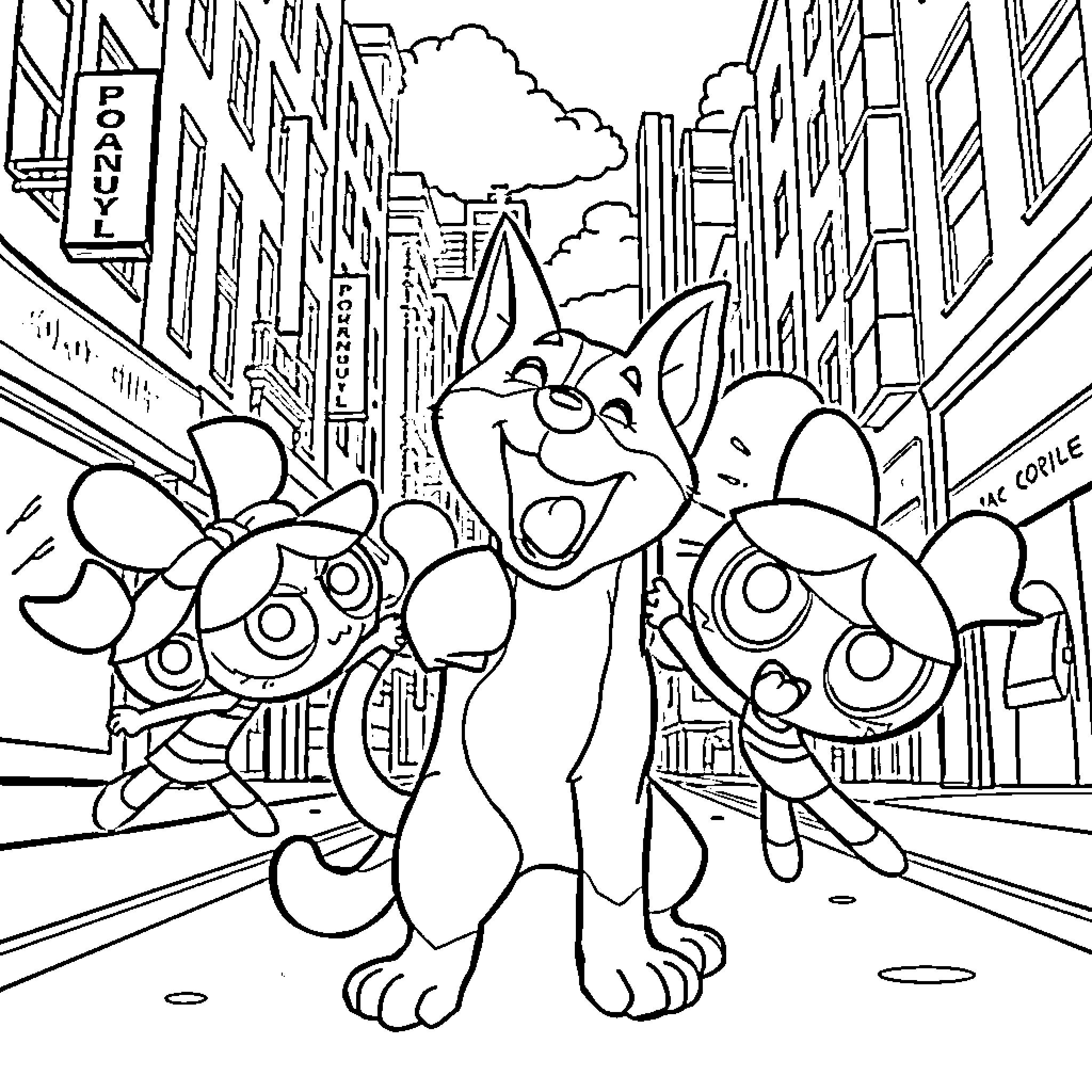 Catdog playing happily in the city Coloring Page (free black-and-white line drawing printable PDF for all, from beginners to advanced learners, including children, teens, adults, and seniors)