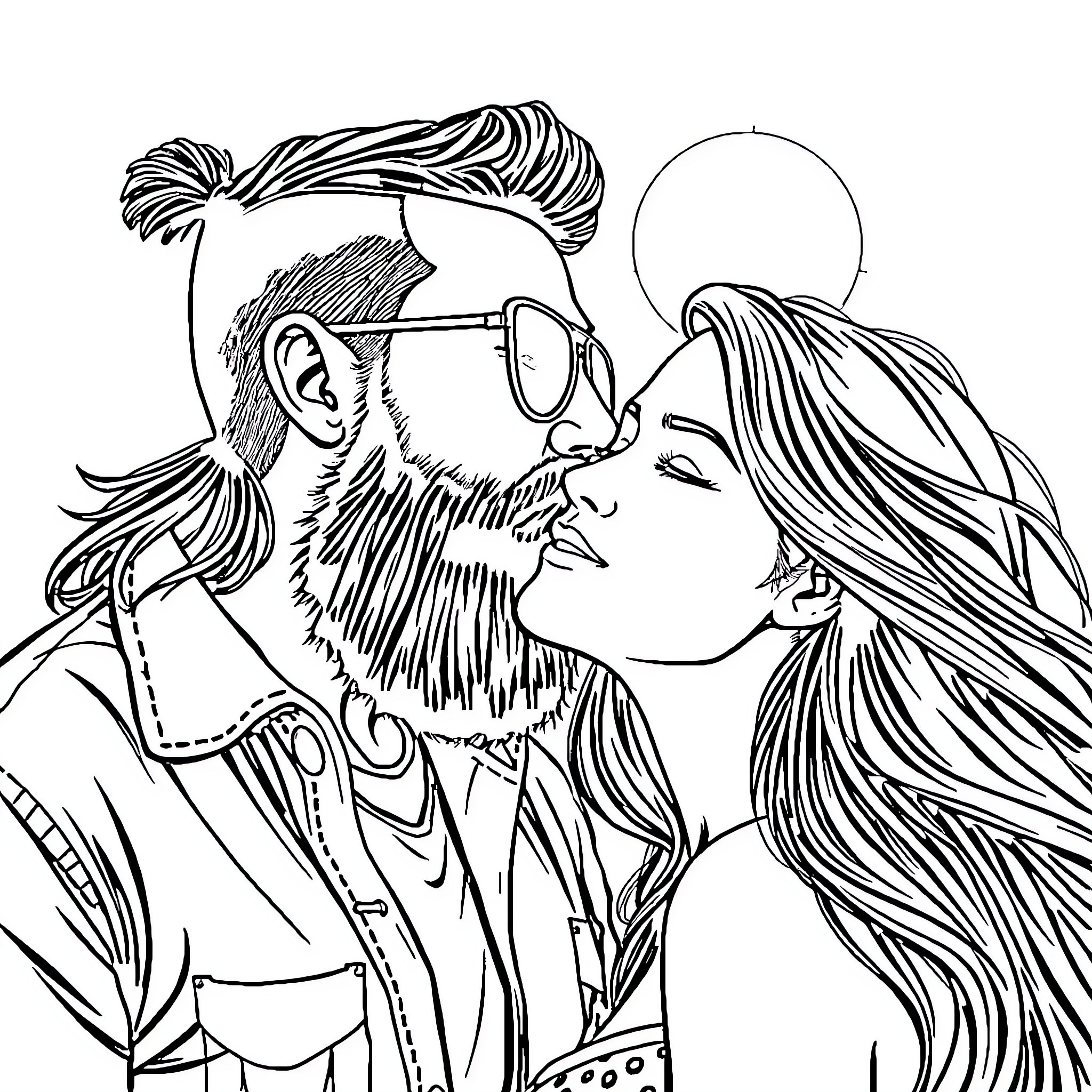 Guy and Woman in Intimate Moment Coloring Page (free black-and-white line drawing printable PDF for all, from beginners to advanced learners, including children, teens, adults, and seniors)