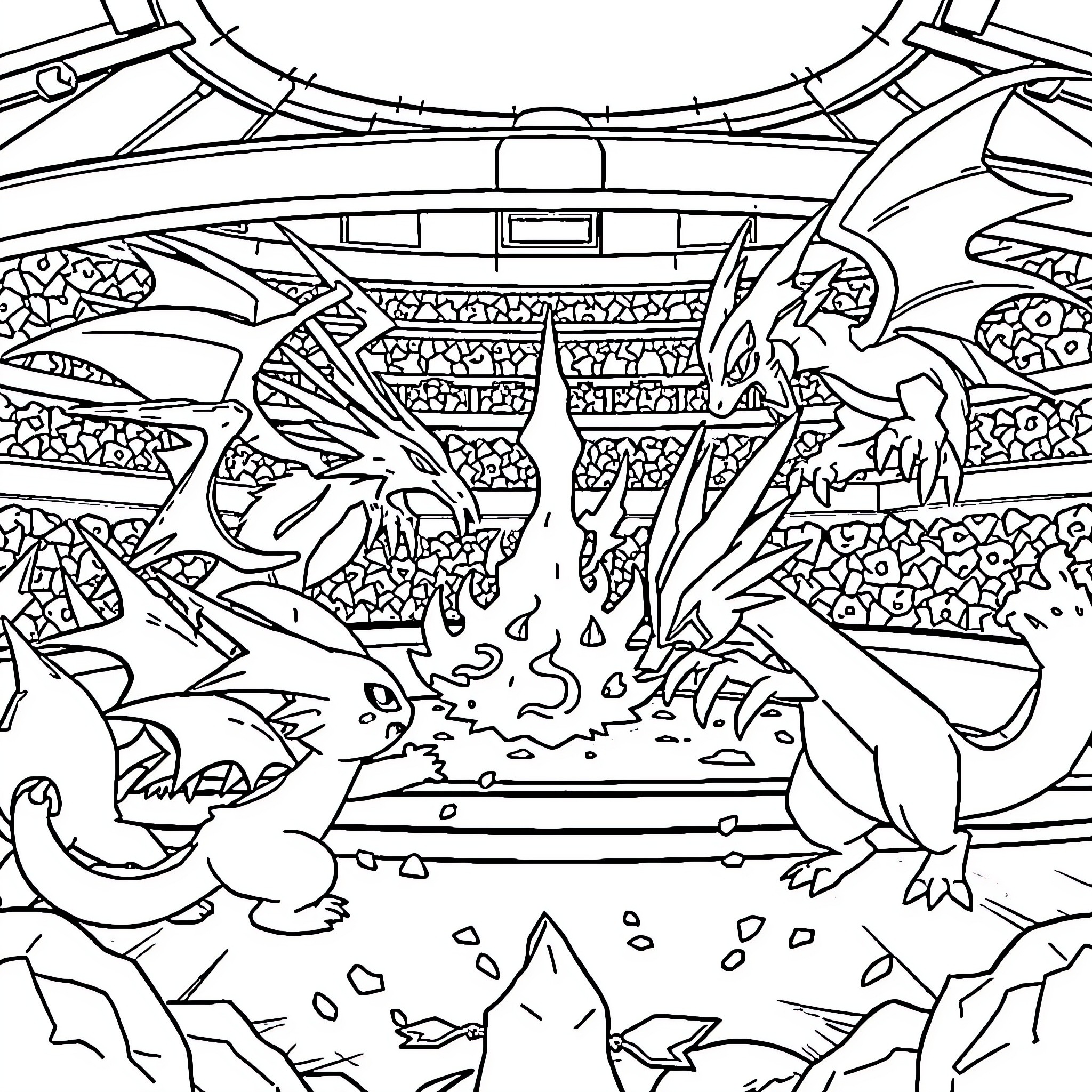 Pokémon Battle Scene with Various Creatures Coloring Page (free black-and-white line drawing printable PDF for all, from beginners to advanced learners, including children, teens, adults, and seniors)