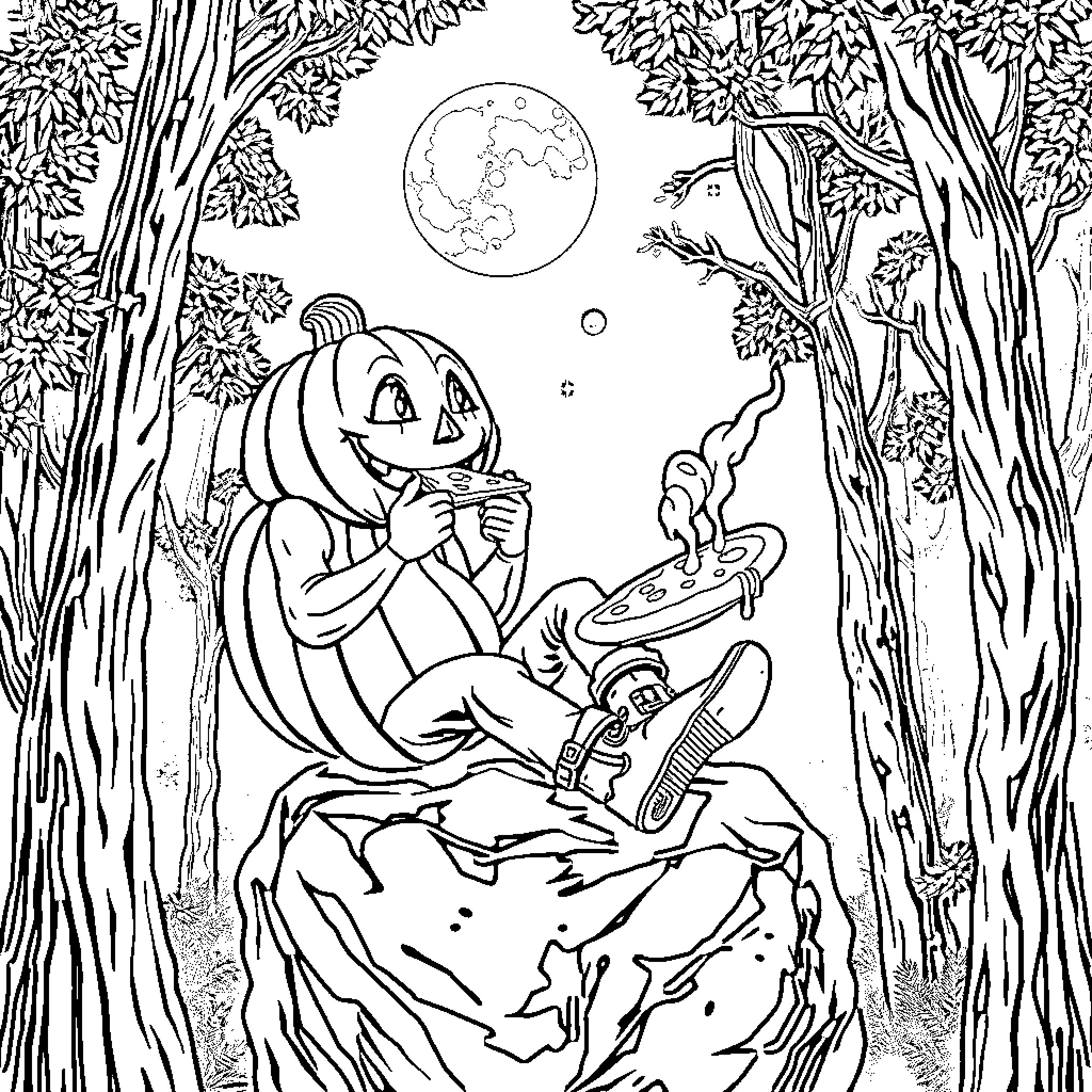 Hombre Calabaza enjoying snacks in the woods at night Coloring Page (free black-and-white line drawing printable PDF for all, from beginners to advanced learners, including children, teens, adults, and seniors)