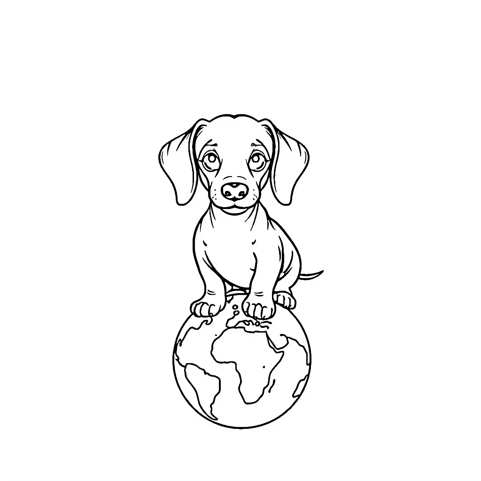 Dachshund sitting on a globe Coloring Page (free black-and-white line drawing printable PDF for all, from beginners to advanced learners, including children, teens, adults, and seniors)