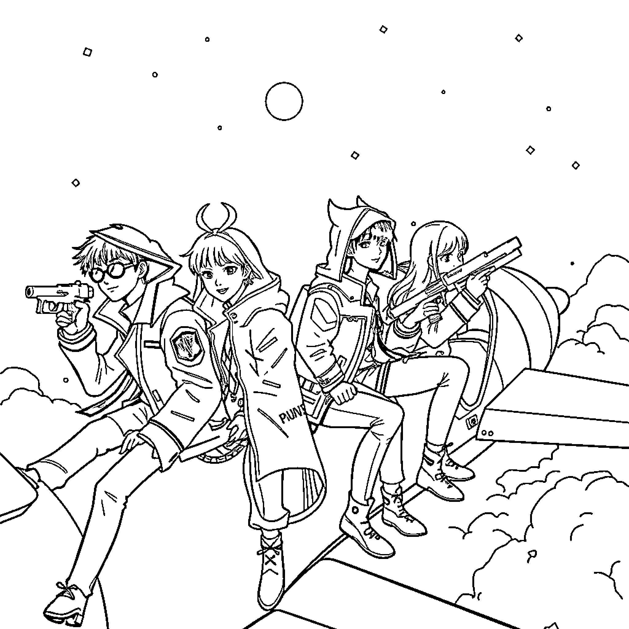 Kpop Hunter: Intrepid Anime Adventurers Explore Cosmic Landscapes Coloring Page (free black-and-white line drawing printable PDF for all, from beginners to advanced learners, including children, teens, adults, and seniors)