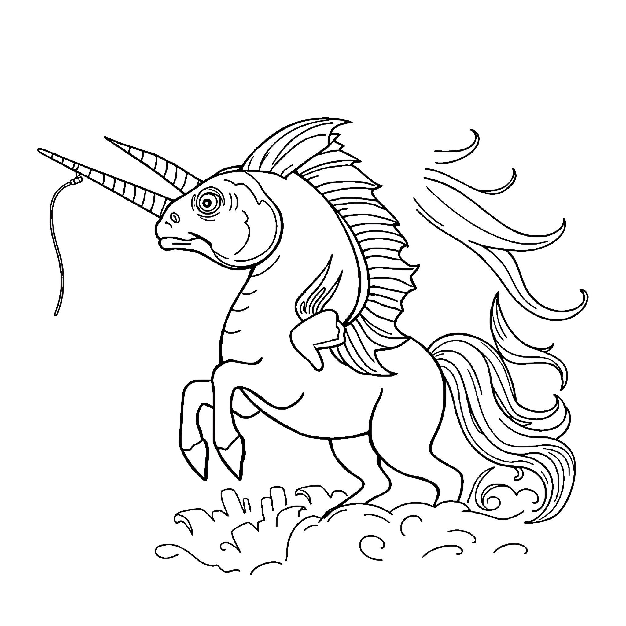Angler Fish Unicorn with Flowing Mane Coloring Page (free black-and-white line drawing printable PDF for all, from beginners to advanced learners, including children, teens, adults, and seniors)