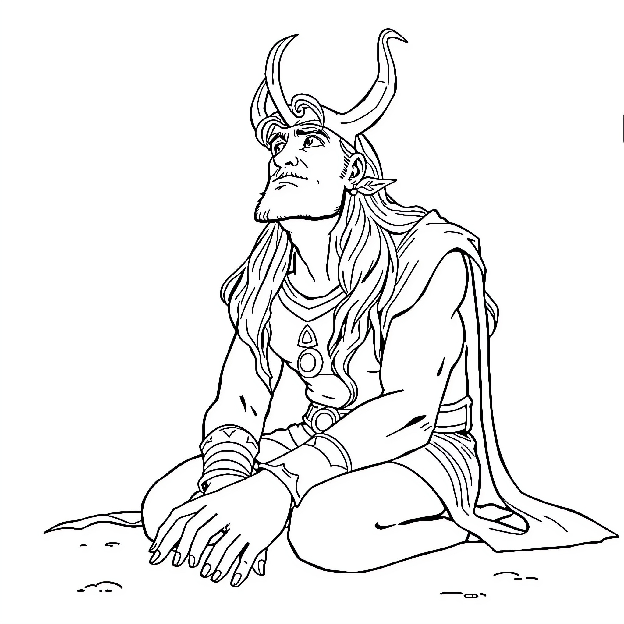 Loki contemplating in solitude Coloring Page (free black-and-white line drawing printable PDF for all, from beginners to advanced learners, including children, teens, adults, and seniors)