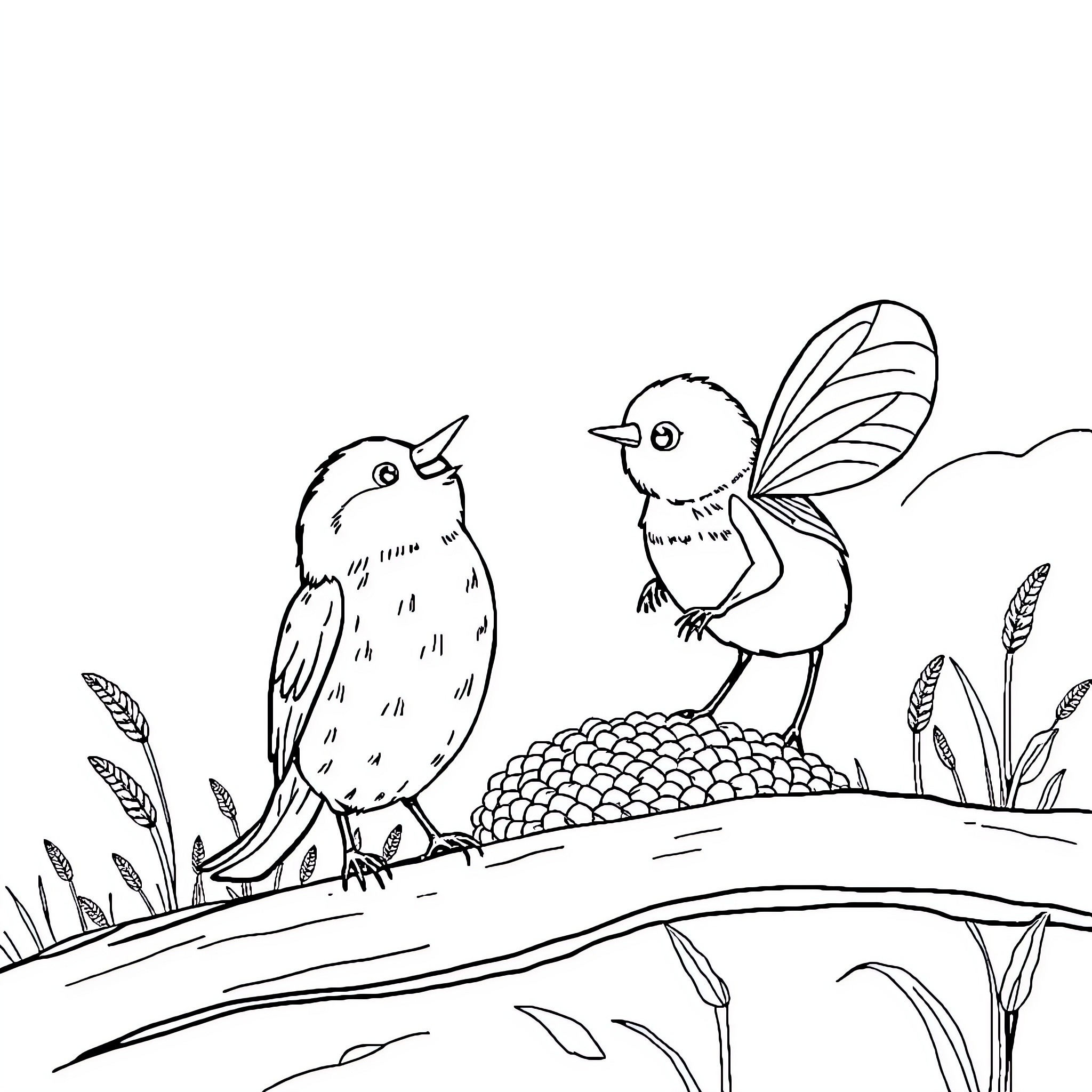 Cicada chicks exploring the outdoors Coloring Page (free black-and-white line drawing printable PDF for all, from beginners to advanced learners, including children, teens, adults, and seniors)
