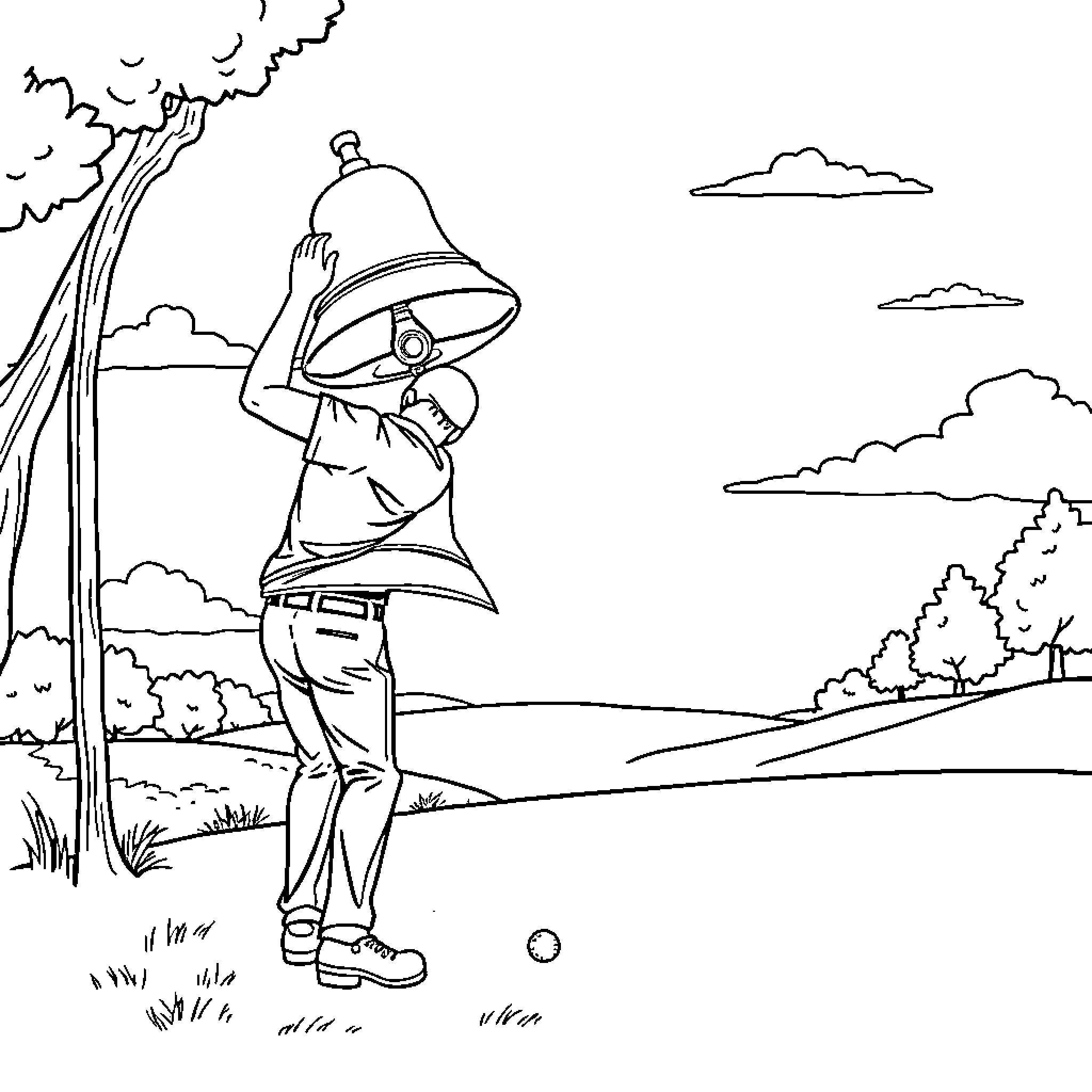 Bell ringing at the countryside Coloring Page (free black-and-white line drawing printable PDF for all, from beginners to advanced learners, including children, teens, adults, and seniors)