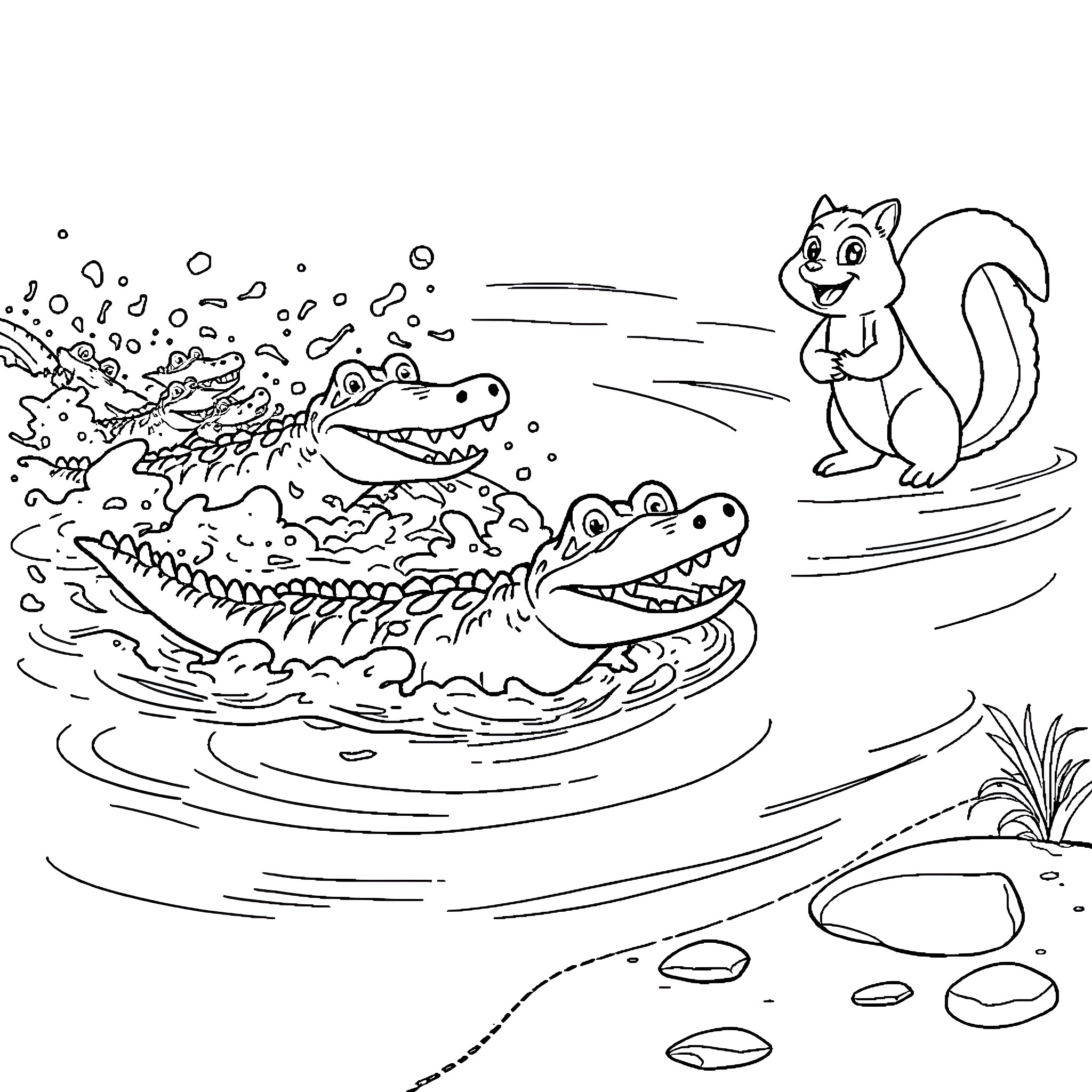 Crocodile splashing in the water and curious squirrel Coloring Page (free black-and-white line drawing printable PDF for all, from beginners to advanced learners, including children, teens, adults, and seniors)