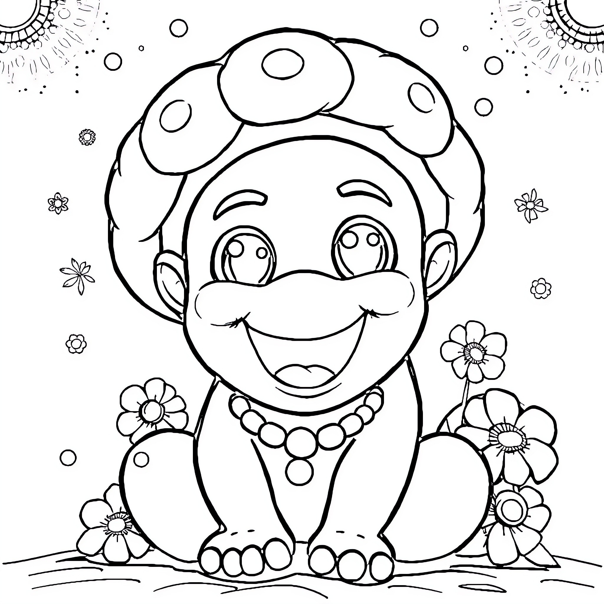 Labubu's Cheerful Garden Adventure Coloring Page (free black-and-white line drawing printable PDF for all, from beginners to advanced learners, including children, teens, adults, and seniors)