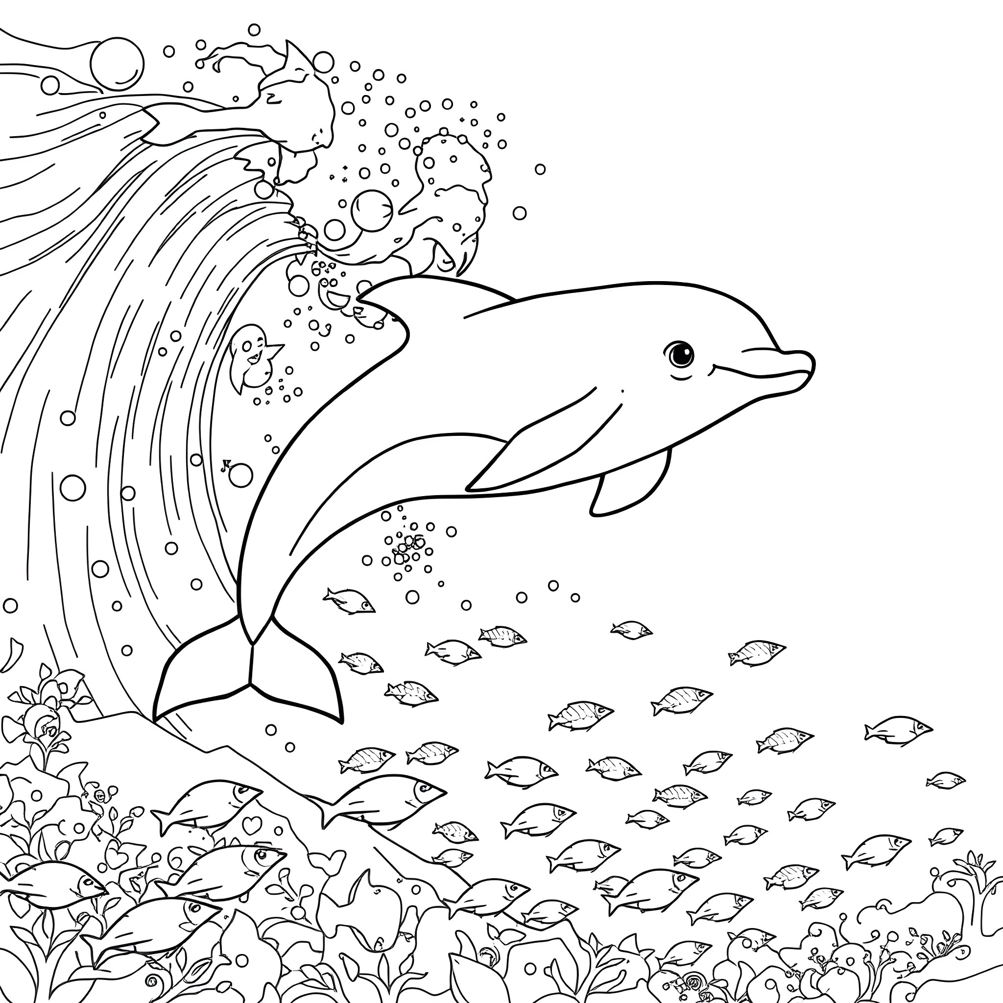 Porpoise swimming gracefully in the underwater sea Coloring Page (free black-and-white line drawing printable PDF for all, from beginners to advanced learners, including children, teens, adults, and seniors)